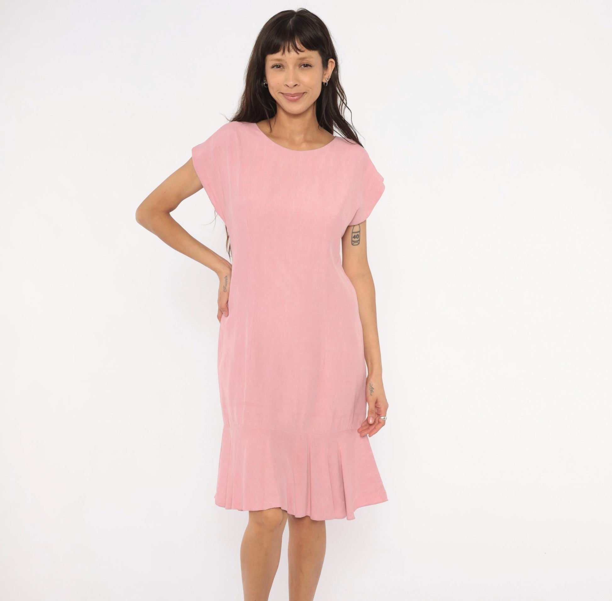 80s Damon Petite Dusty Rose Drop Waist Dress Cap Sleeve Knee Length Small S