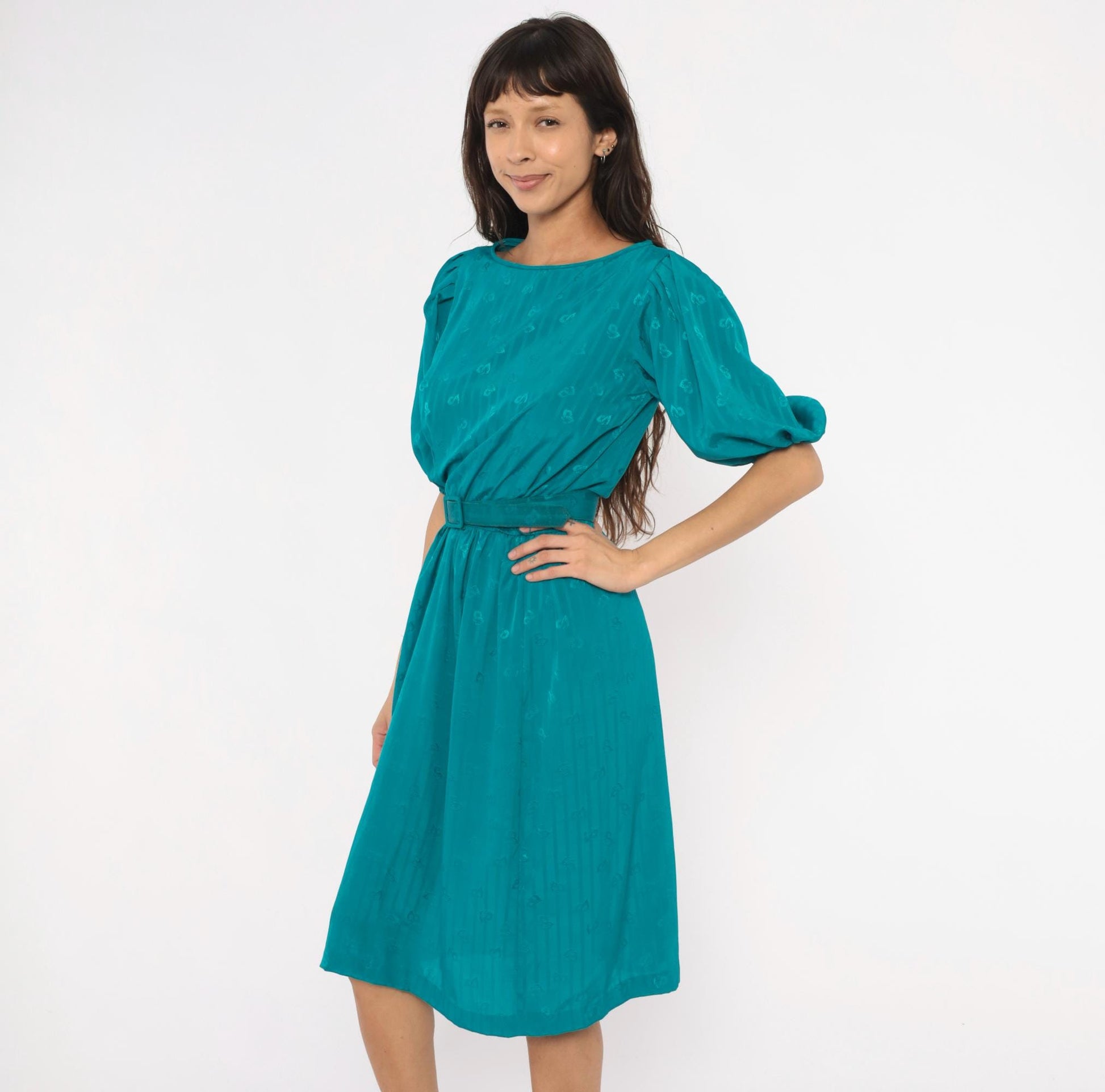 80s Liz Roberts Teal Jacquard Dress Puff Sleeve Boat Neck Knee-Length Medium