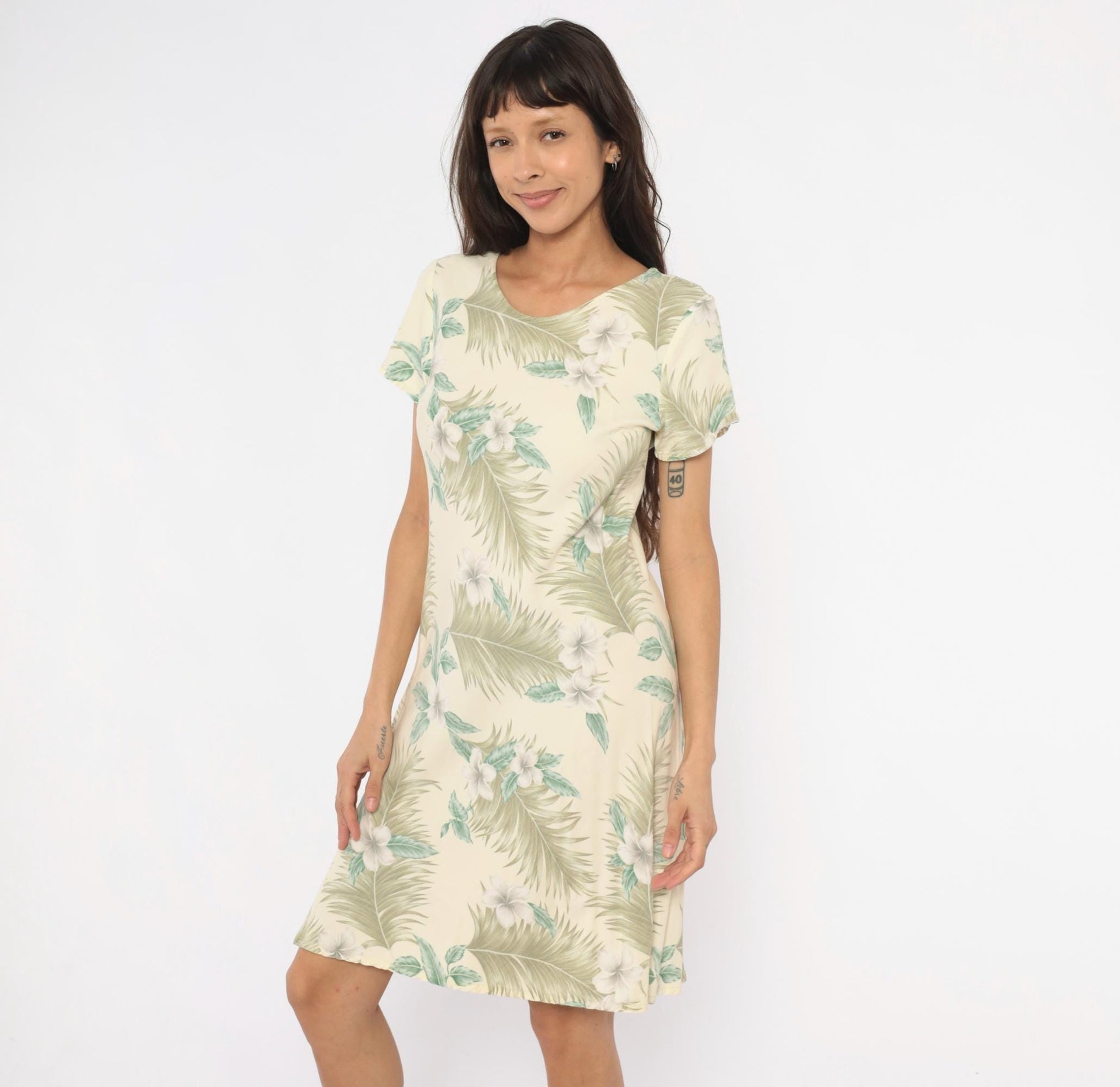 90s Hilo Hattie Hawaiian Dress Plumeria Palm Leaf Cream Olive Medium M