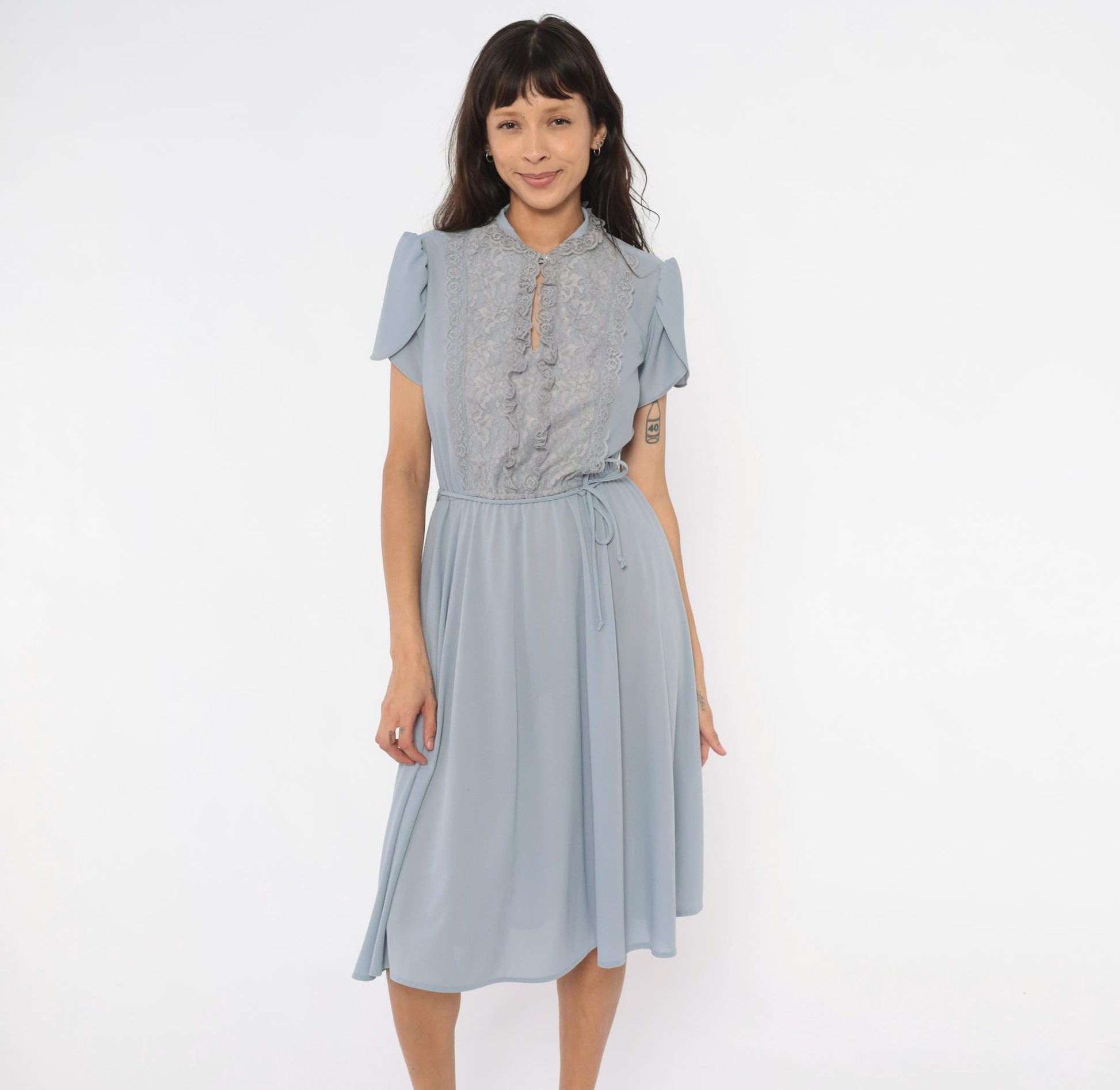 70s Powder Blue Lace Bib Midi Dress Puff Sleeve Keyhole Neckline Medium
