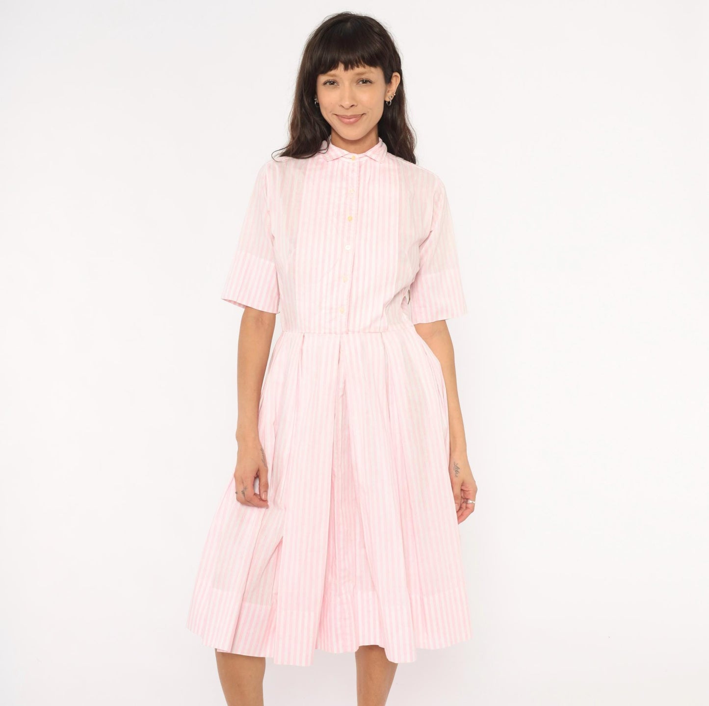 60s Pink White Striped Shirtdress Pleated Knee-Length Cotton Small