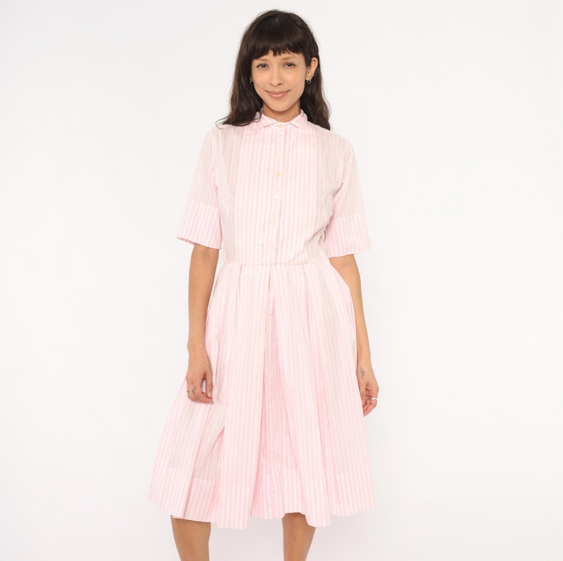 60s Pink White Striped Shirtdress Pleated Knee-Length Cotton Small