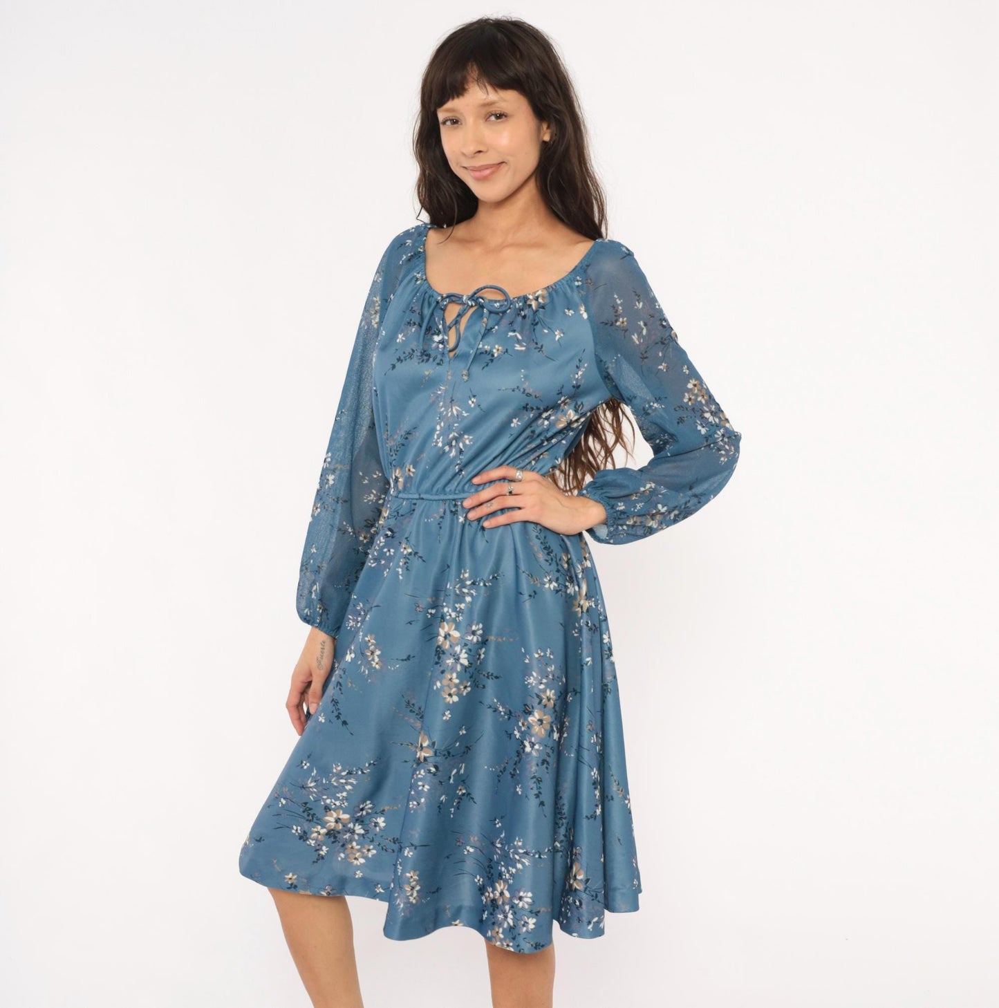 70s Steel Blue Wildflower Peasant Dress Bishop Sleeve Tie Front Knee Length Large L