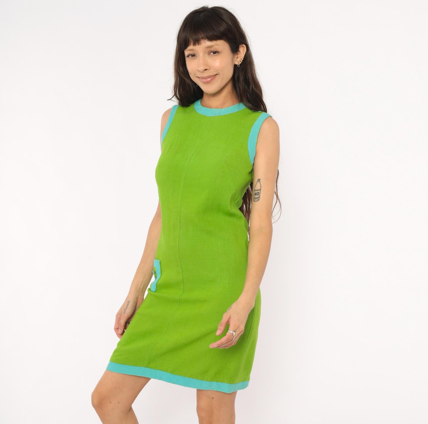 60s Mod Shift Dress Lime Green Aqua Trim Cotton Mini A-Line Extra Small XS