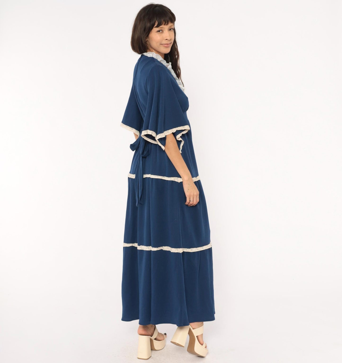 70s Navy Maxi Dress White Lace Trim Bell Sleeve Empire Waist Tiered Skirt Medium