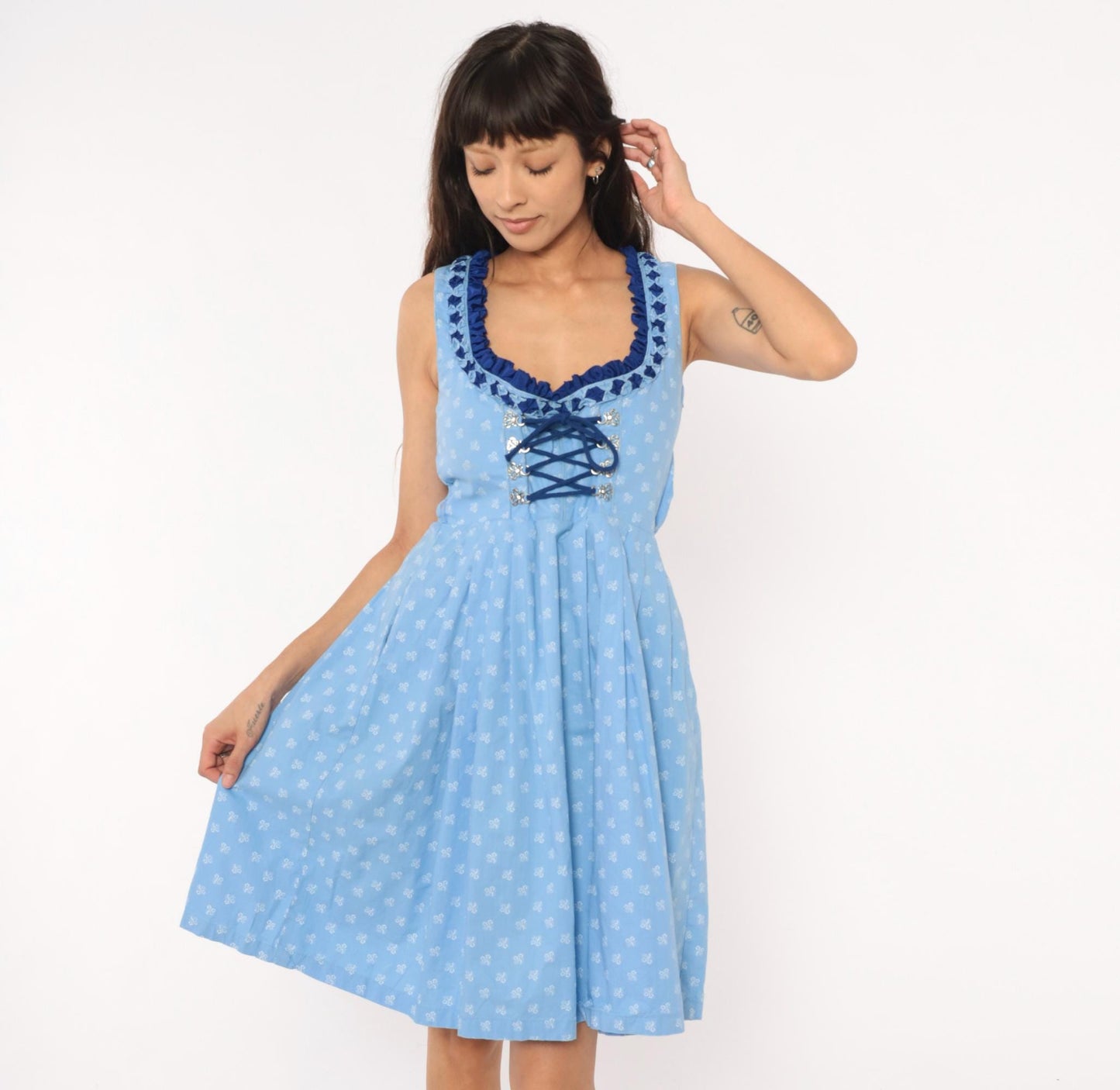 2000s Almenrausch Bavarian Dirndl Dress Sky Blue Floral Cotton Medium M