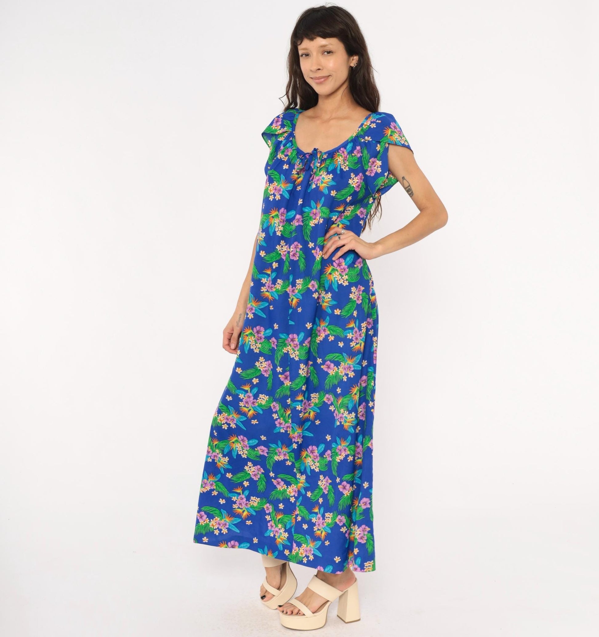 80s Hilo Hatties Hawaiian Maxi Dress Cobalt Blue Floral Palm Leaf Medium
