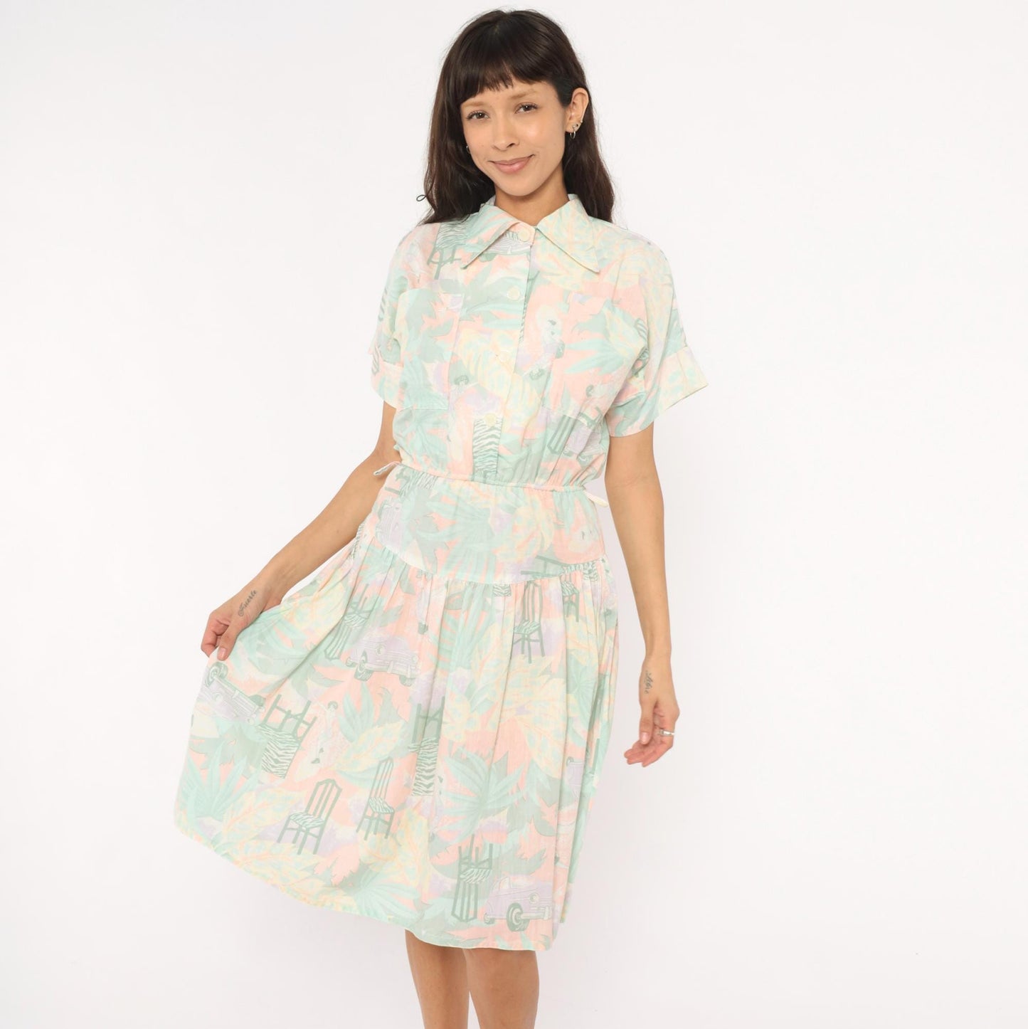 80s 3 Star Novelty Print Shirt Dress Pink Teal Knee-Length Small