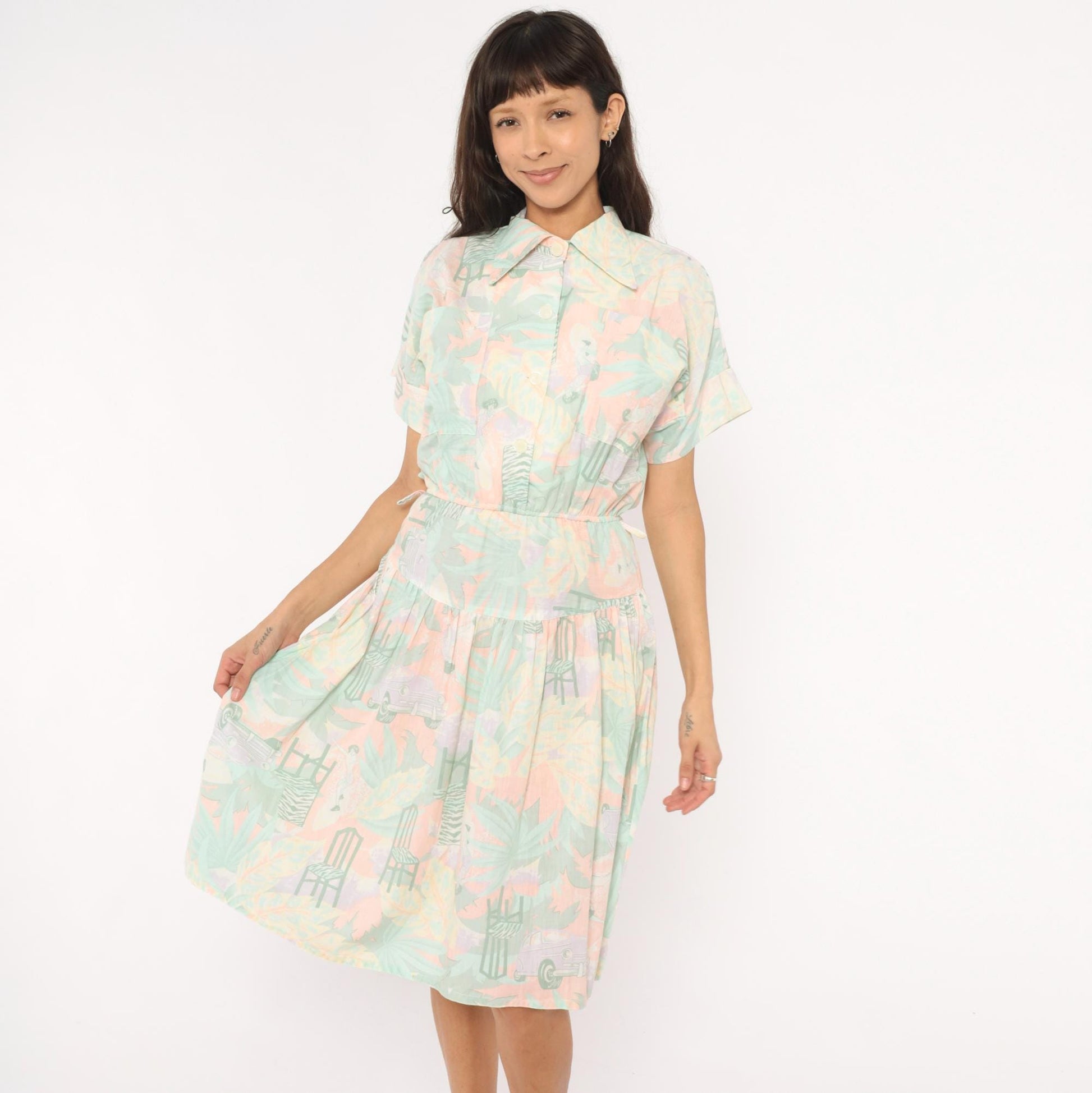 80s 3 Star Novelty Print Shirt Dress Pink Teal Knee-Length Small