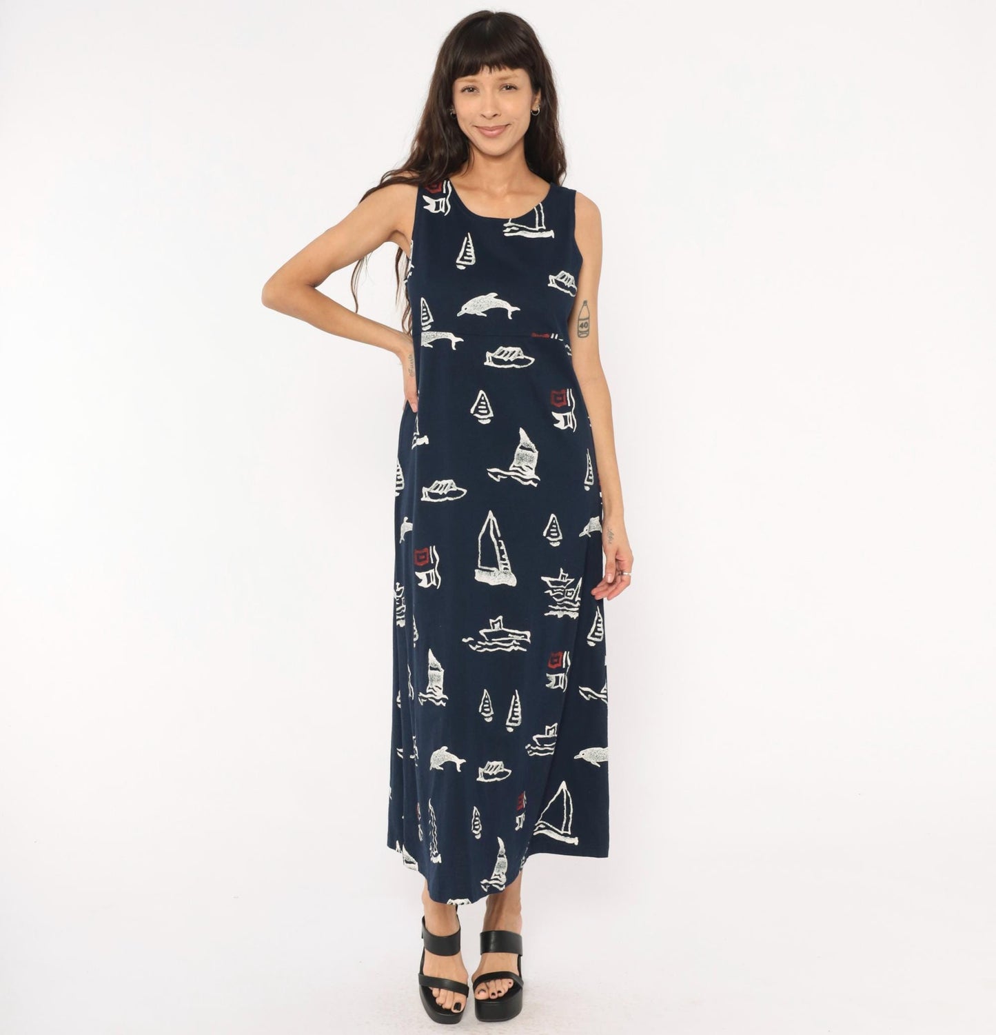 90s Copa Cabana Navy Nautical Maxi Dress Sailboat Dolphin Print Medium