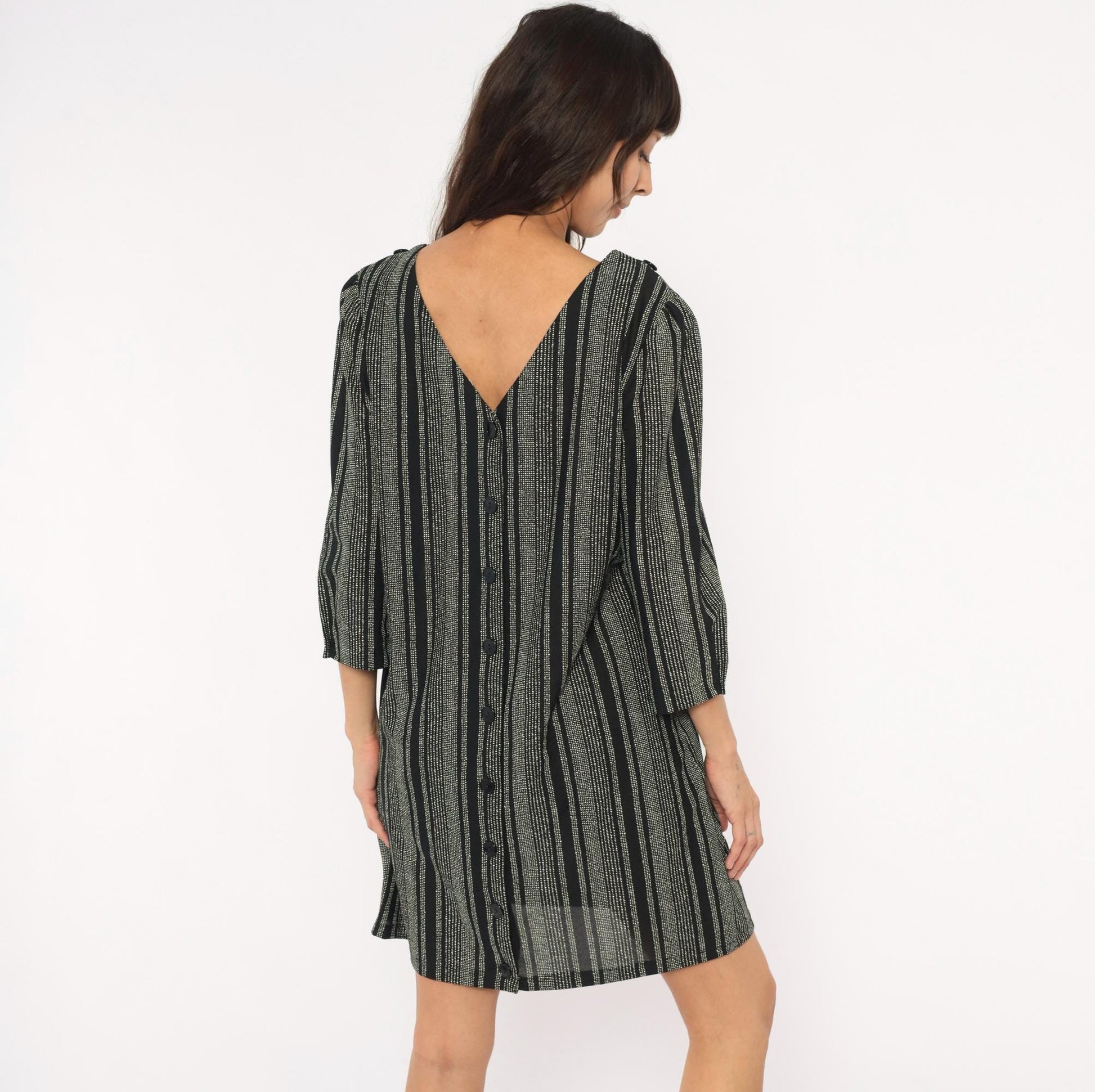 70s Zoey T Black White Striped Shift Dress Boat Neck Button Back Large