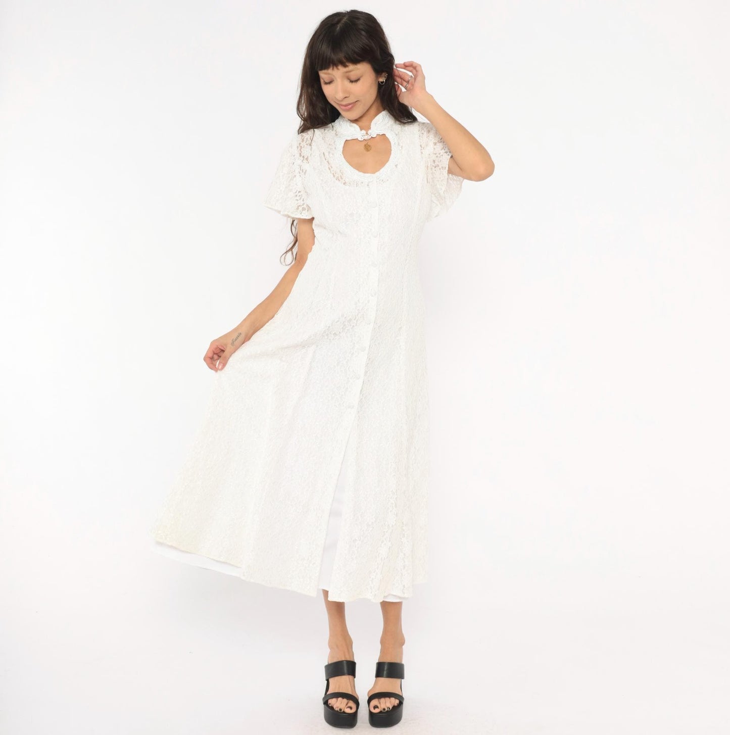 90s Jody White Lace Midi Dress Heart Cutout Mandarin Collar Small