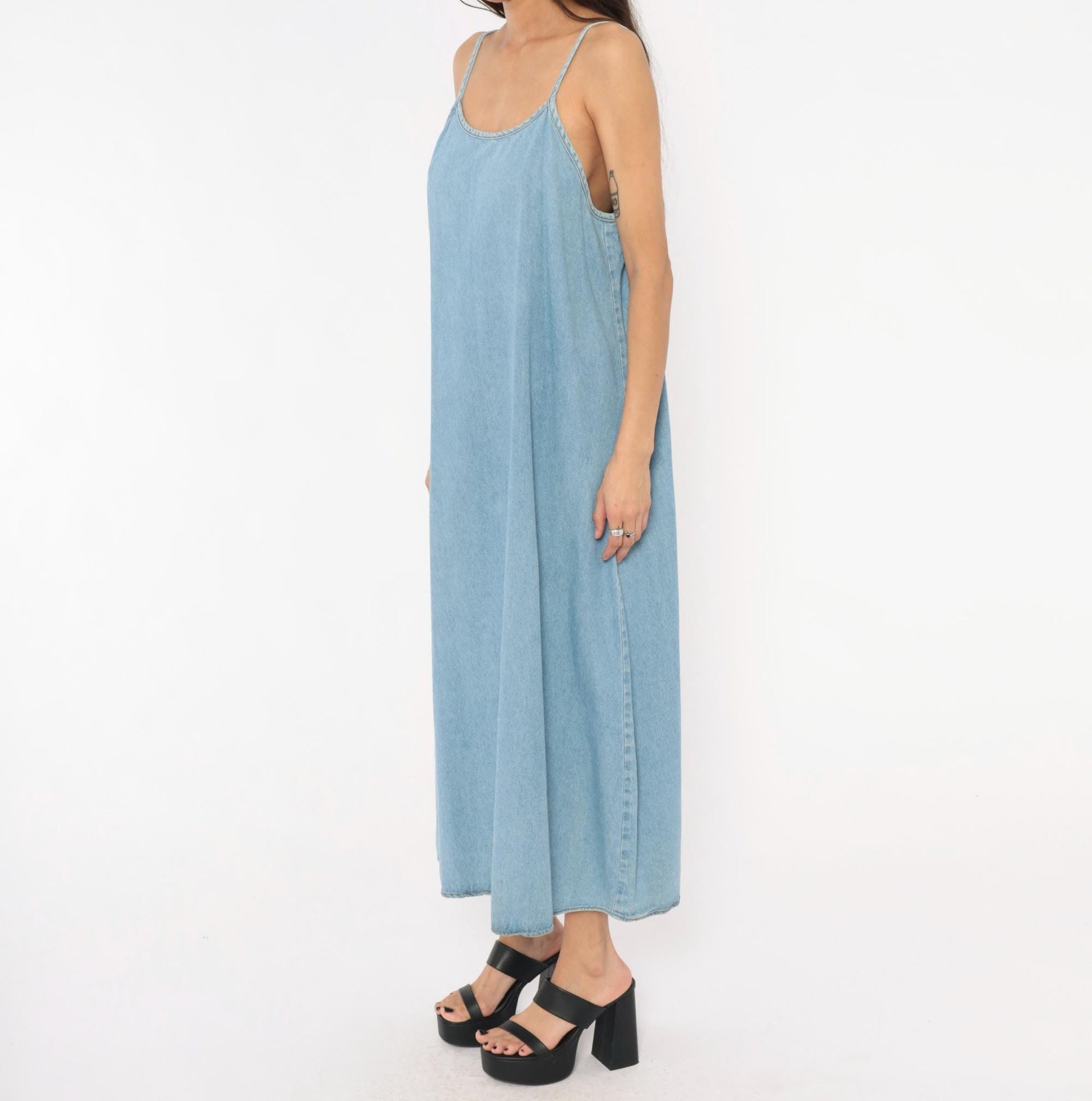 90s Kathie Lee Light Wash Denim Maxi Slip Dress Spaghetti Strap Medium
