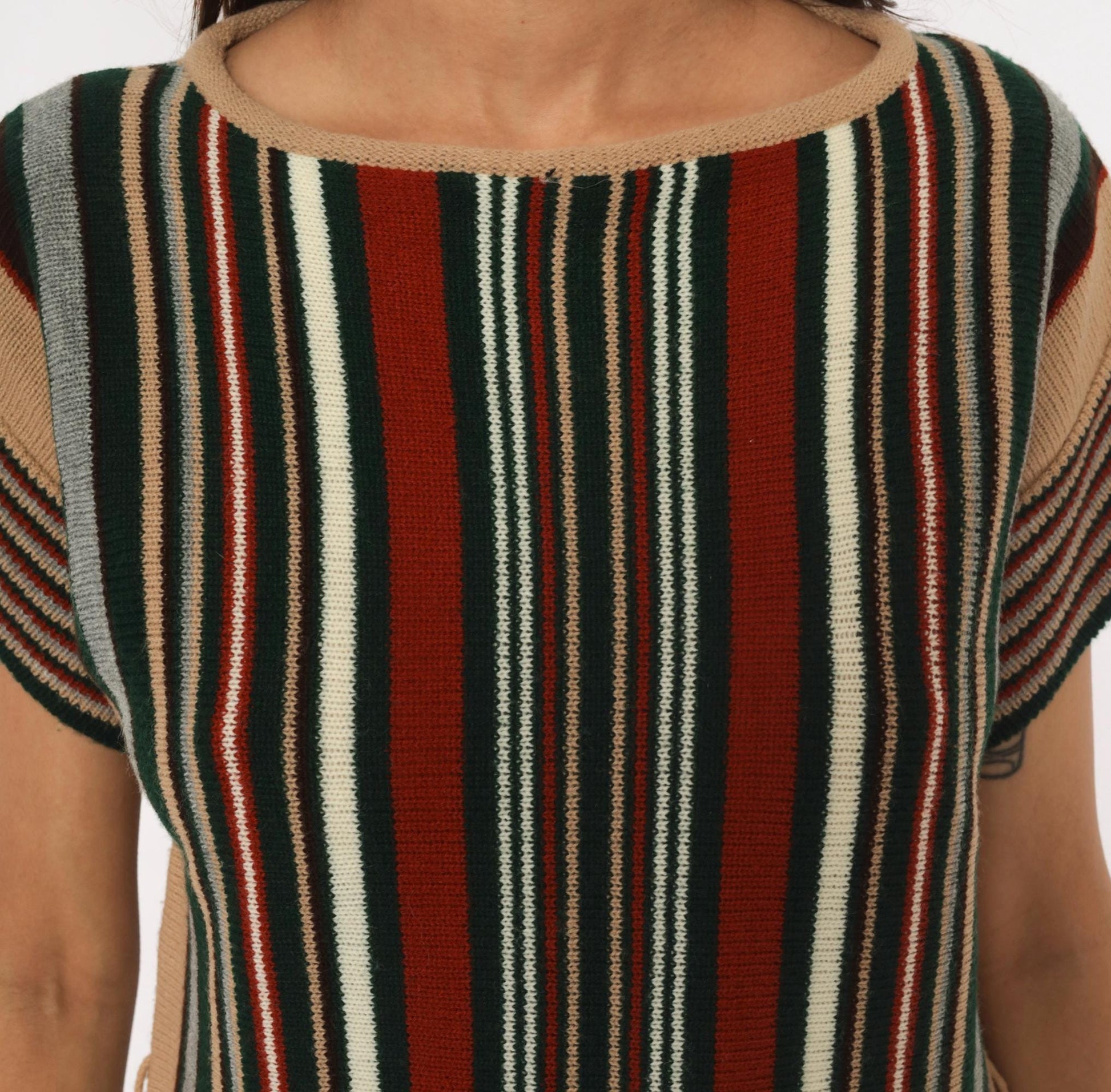 70s Exclusive Designs Striped Knit Tunic Burgundy Olive Cream Small