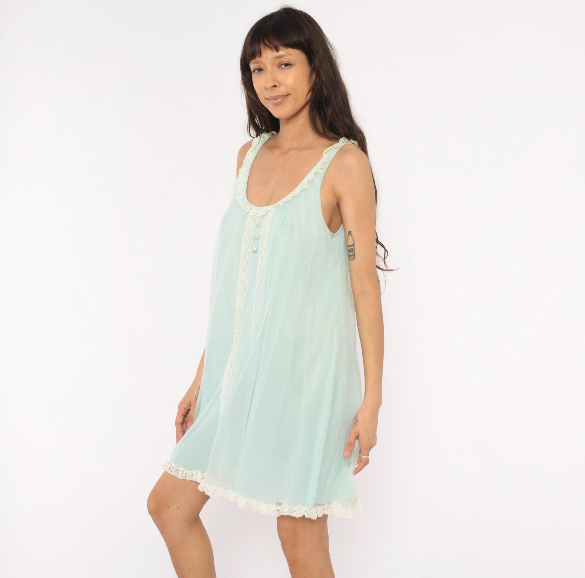 70s Seafoam Babydoll Nightgown Lace Trim Sheer Chiffon Mint Green Mini Medium