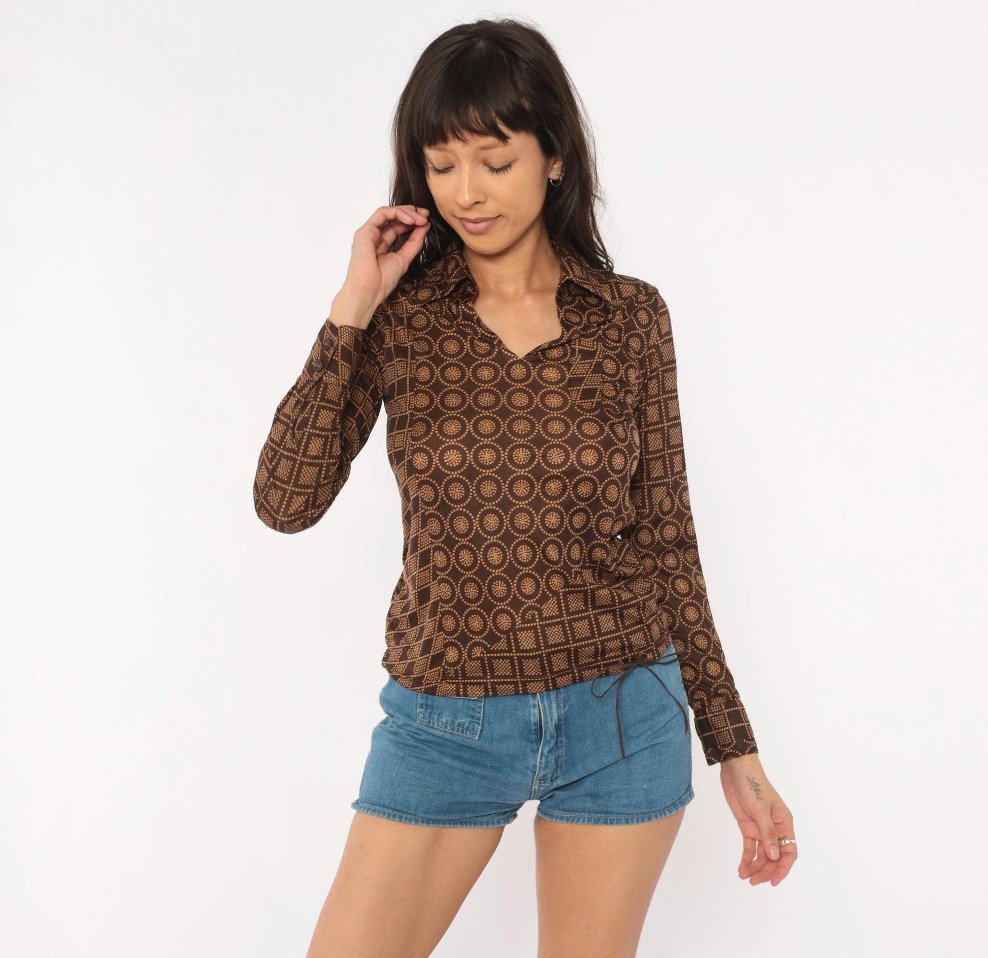 70s Esprit Geometric Dot Print Blouse Brown Tan V Neck Pullover Small