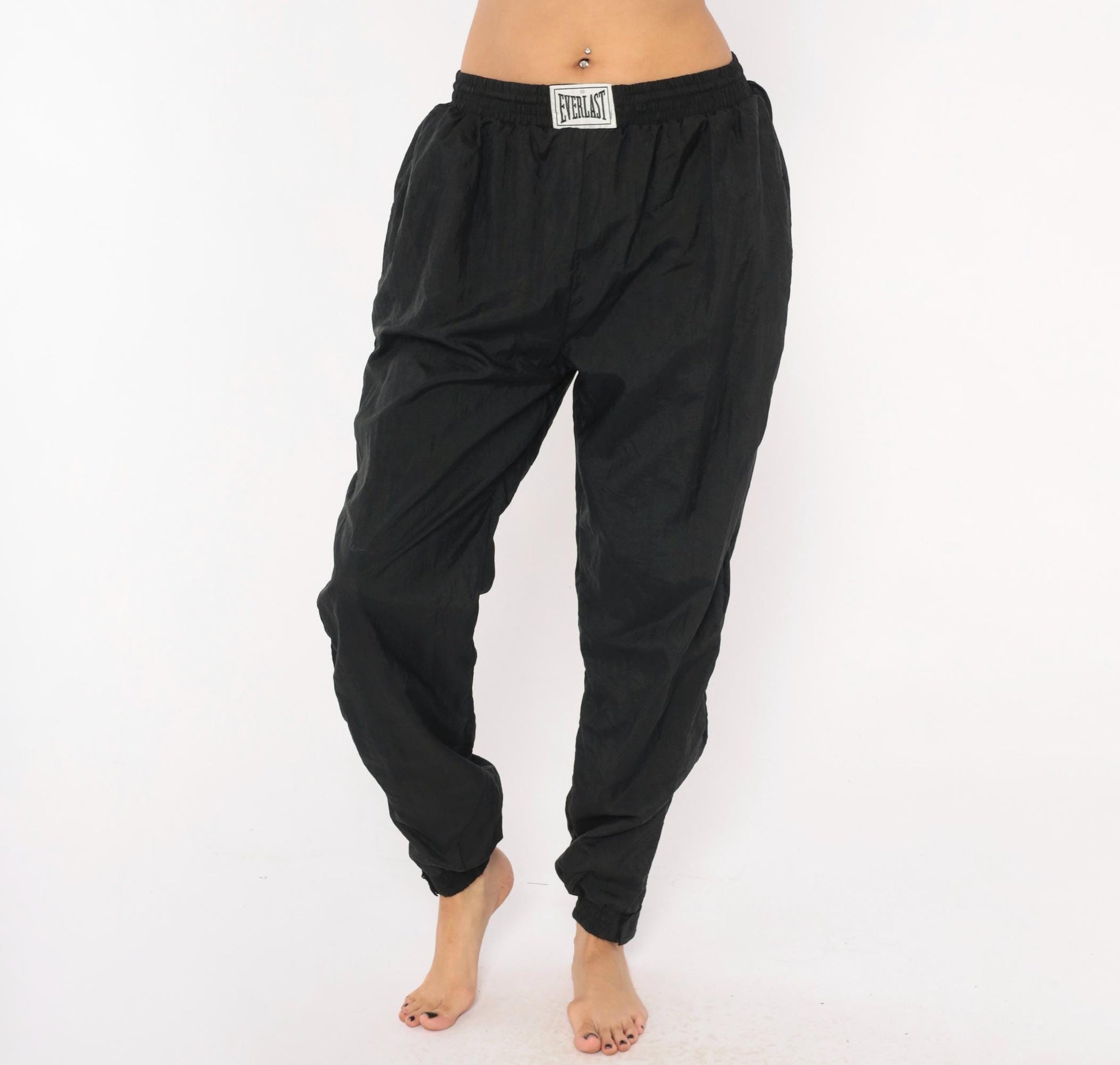 90s Everlast Black Nylon Track Pants Tapered Ankle Zip Medium M