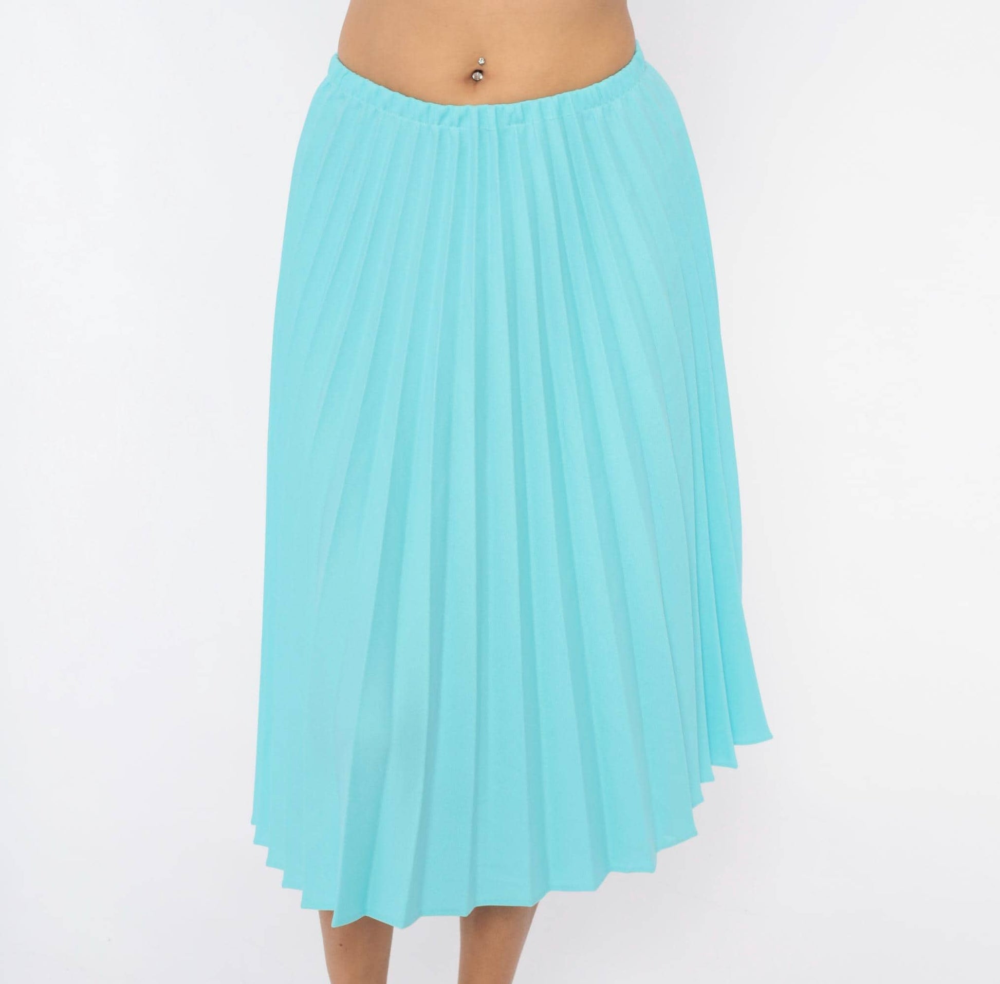 70s Aqua Pleated Midi Skirt Accordion Knife Pleat A-Line Sky Blue Small Medium