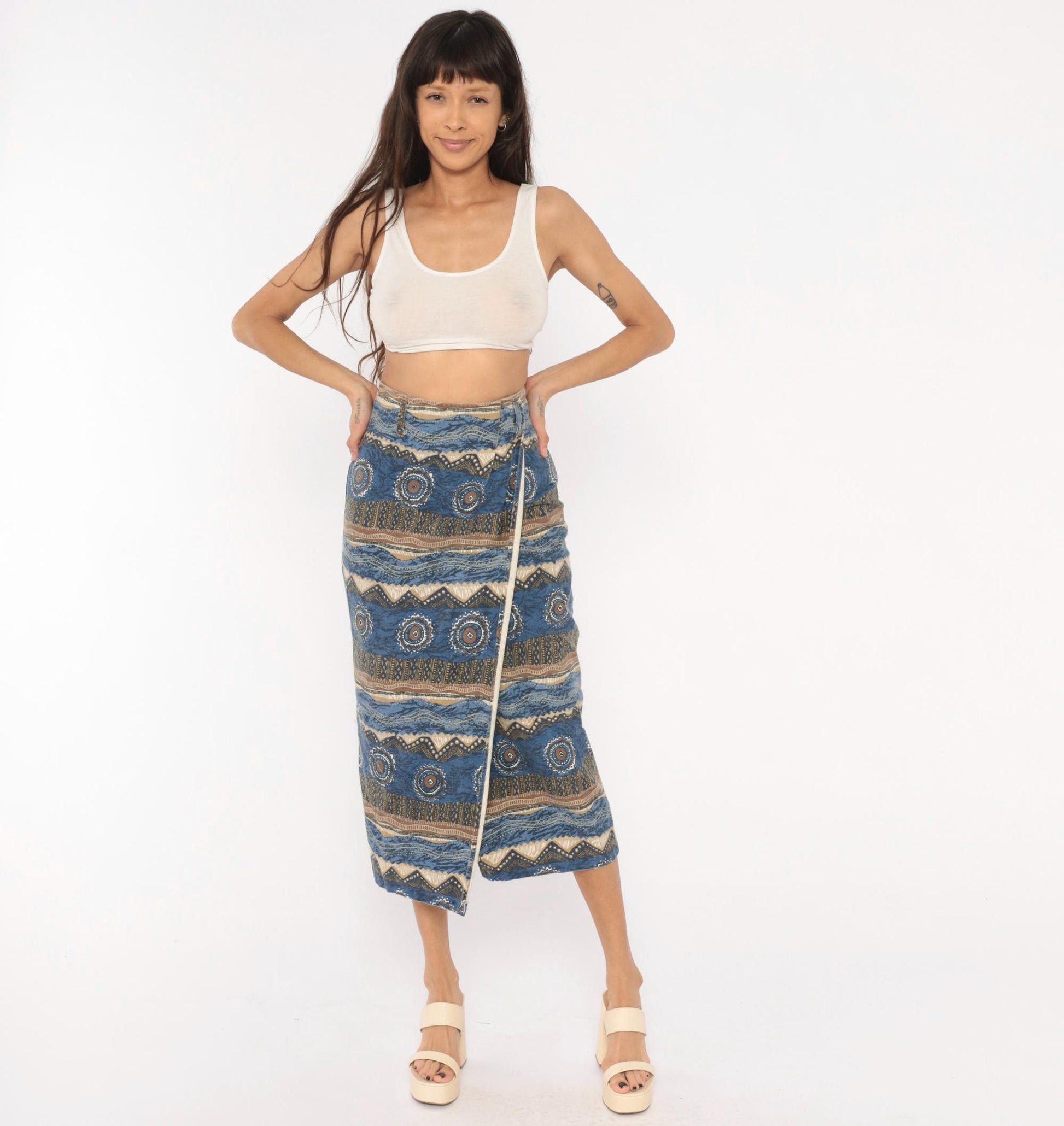 90s Southwestern Tribal Midi Skirt Blue Cream Cotton High Waist Wrap Small