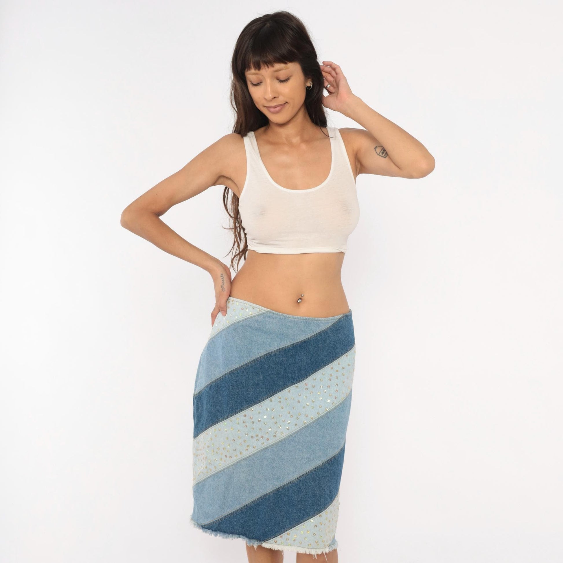 Y2K Avenue Blues Patchwork Denim Skirt Sequin Embellished Knee Length Extra Large