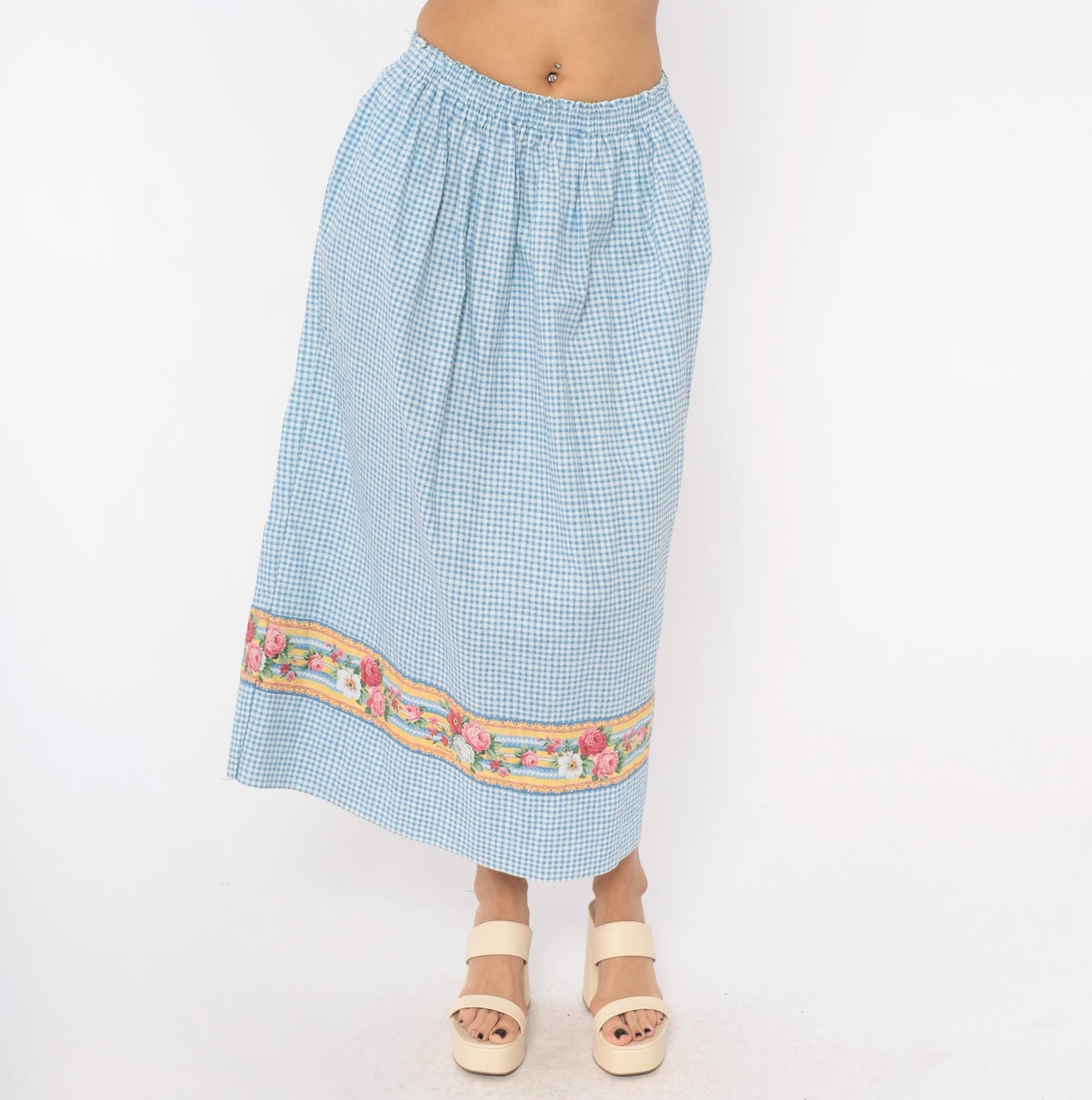 80s Vera Bradley Gingham Cotton Maxi Skirt Blue White Floral Border Small Medium