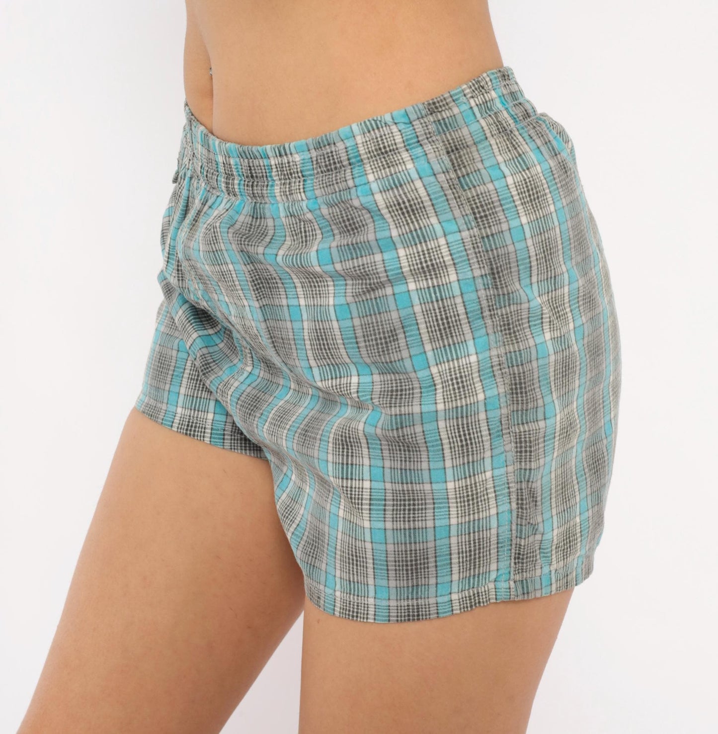 70s Plaid Beach Shorts Blue Checkered Gingham Mini Drawstring XS