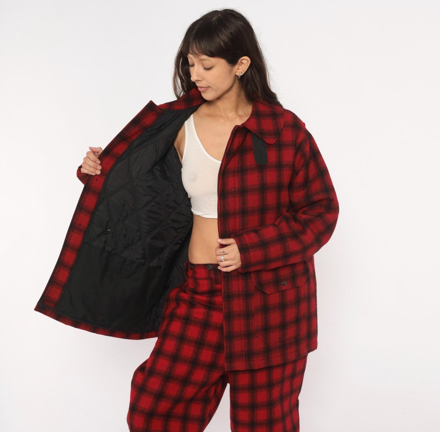 80s Woolrich Buffalo Plaid Wool Hunting Jacket Black Red Peter Pan Collar Large L