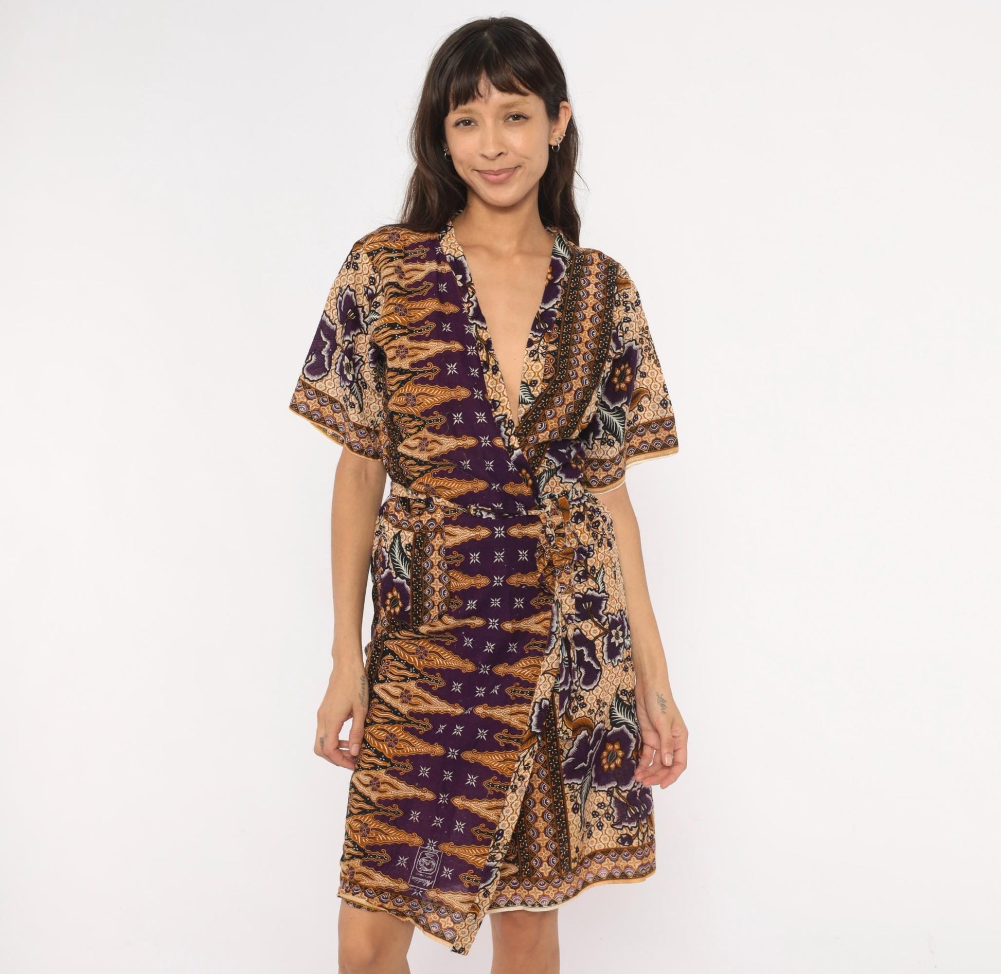 90s Batik Keris Wrap Dress Purple Mustard Floral Kimono Sleeve Small