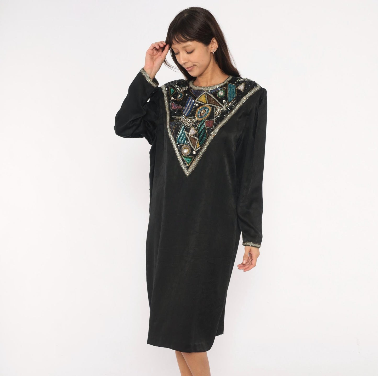 90s D'Ore Black Silk Beaded Shift Dress Geometric Sequin Bib Large L