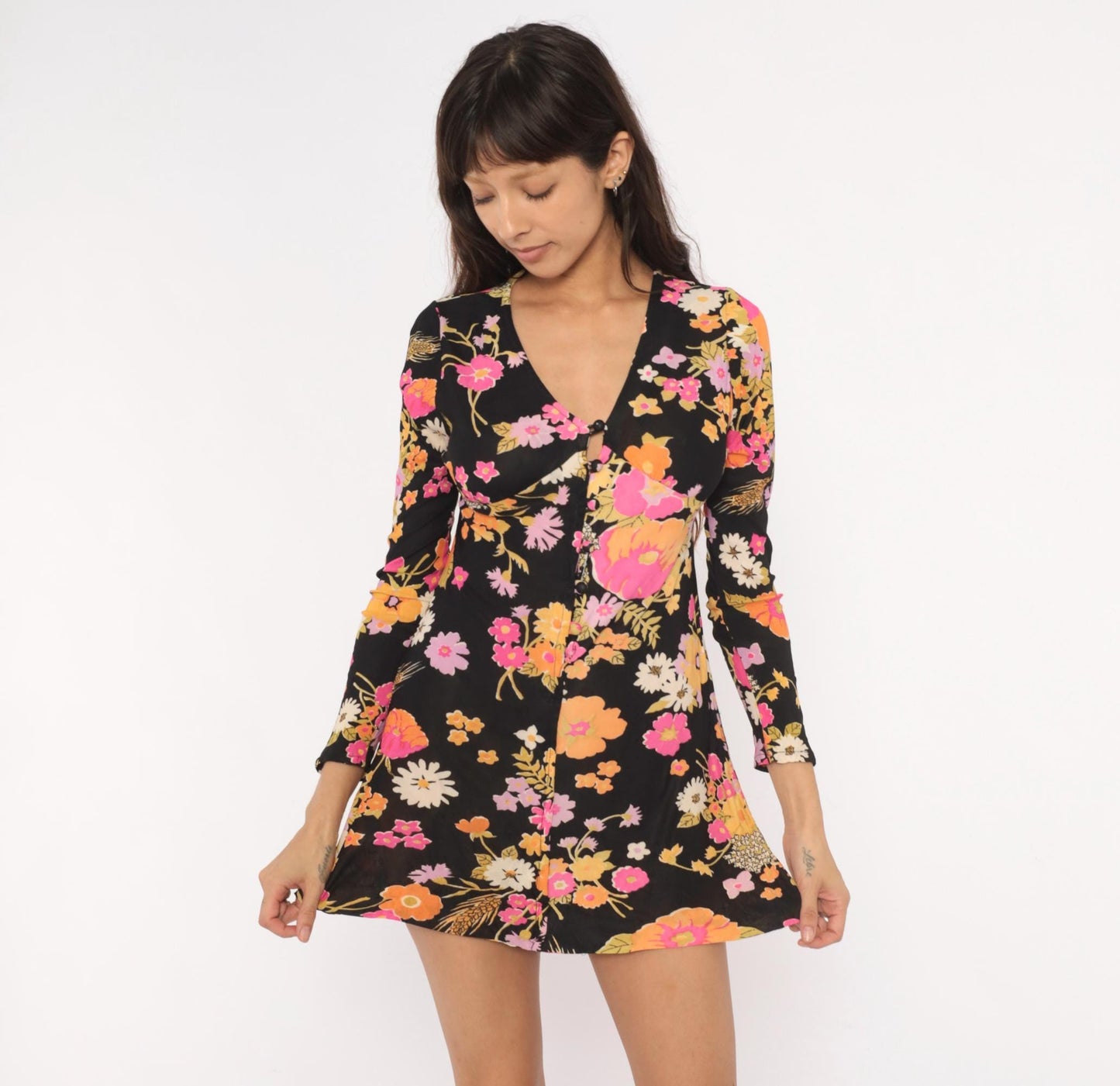 70s The Company Floral Mini Dress Black Pink Orange V-Neck Long Sleeve Small