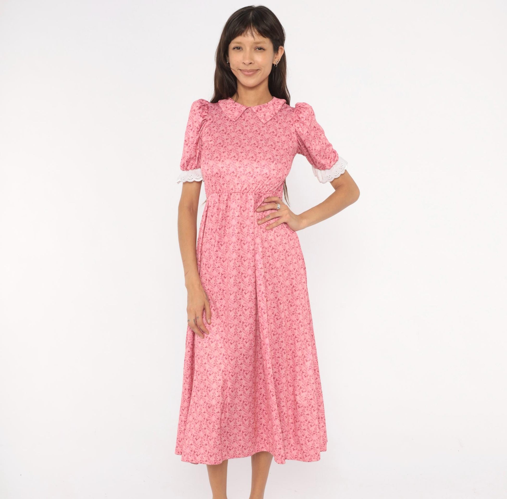 Y2K Pink Floral Midi Dress Puff Sleeve Peter Pan Collar Eyelet Lace Small S