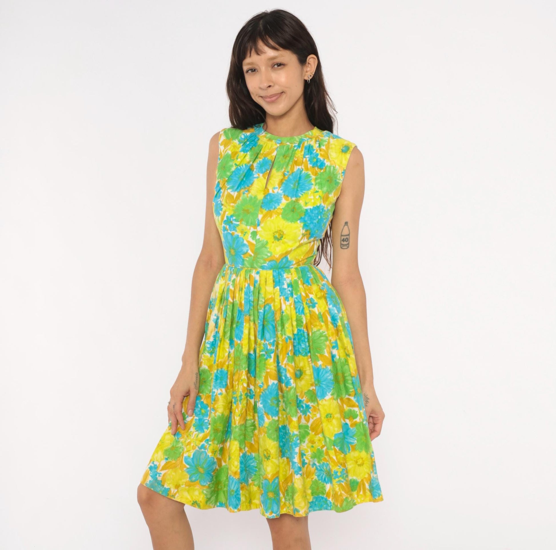 60s Floral Fit-and-Flare Sundress Daisy Print Yellow Green Blue Cotton XS