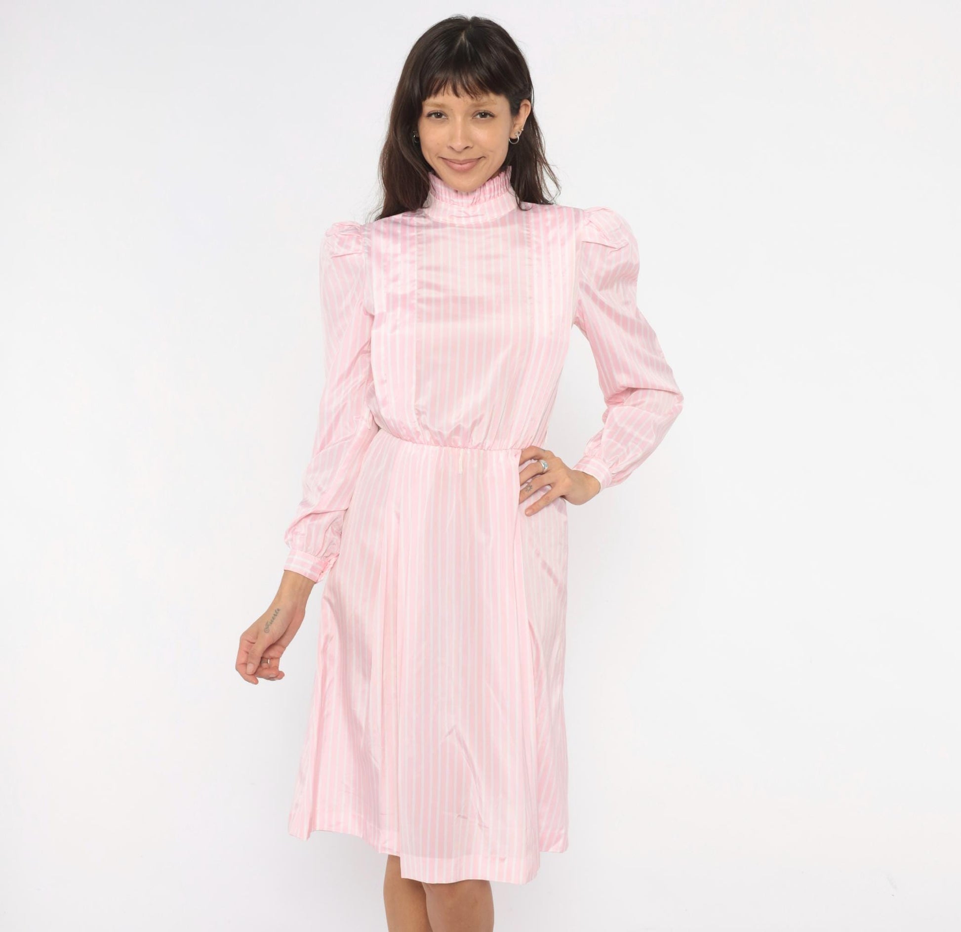 80s Jennifer Pink White Striped Dress Puff Sleeve Mock Neck Small
