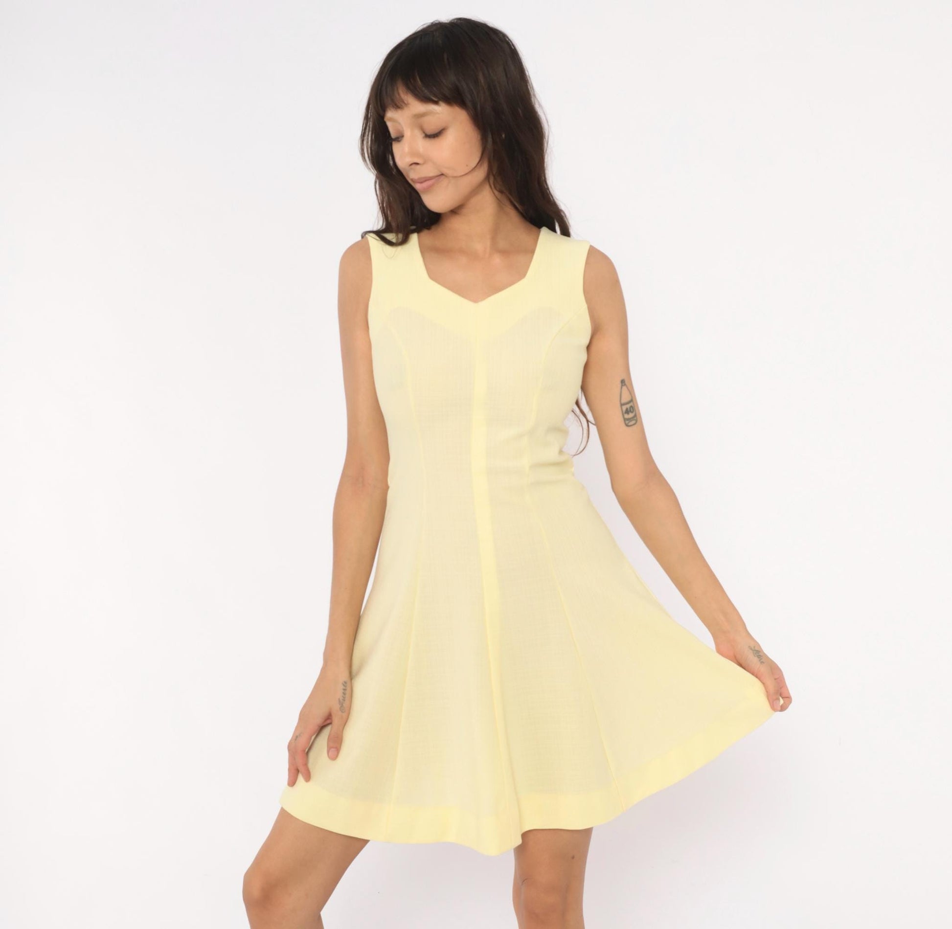 90s Butchamaid Butter Yellow Mini Dress Fit And Flare V-Neck Sleeveless Extra Small XS