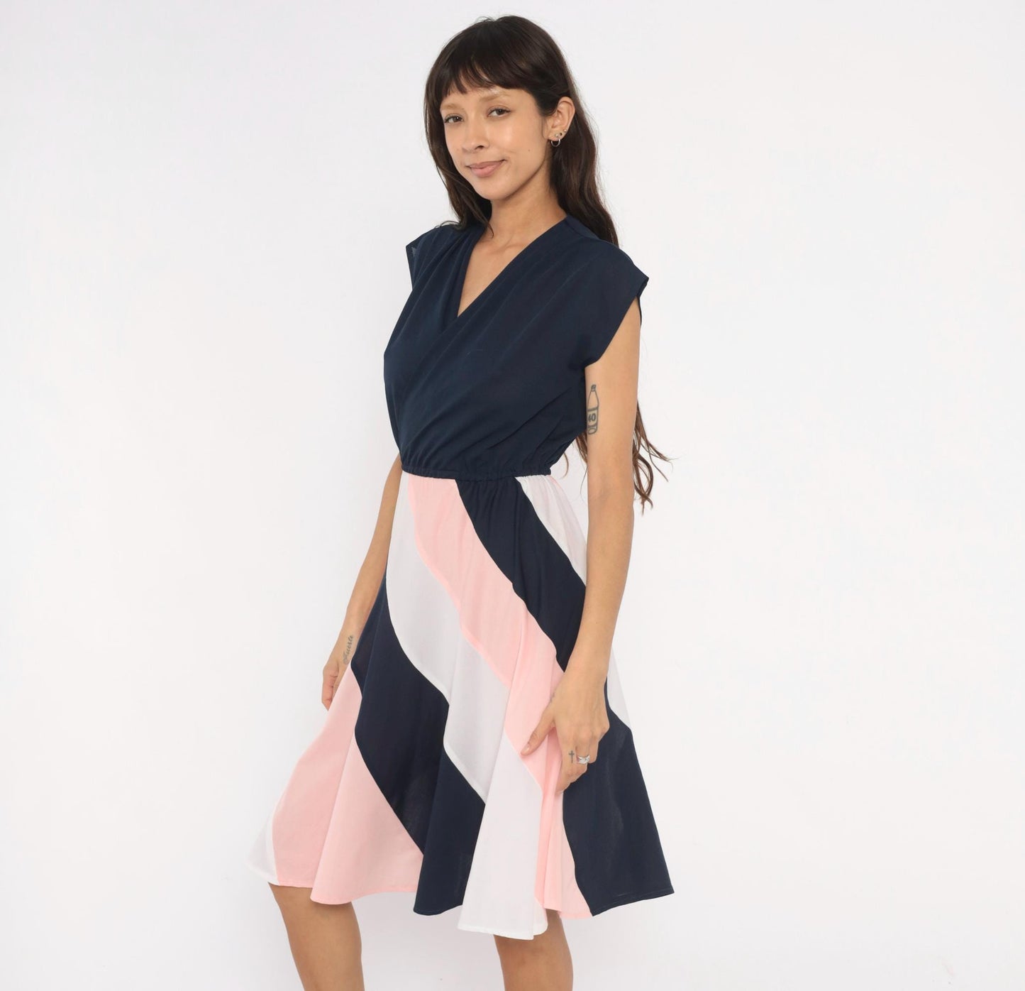 70s Navy Colorblock Sundress Pink White Diagonal Stripe Knee-Length Medium