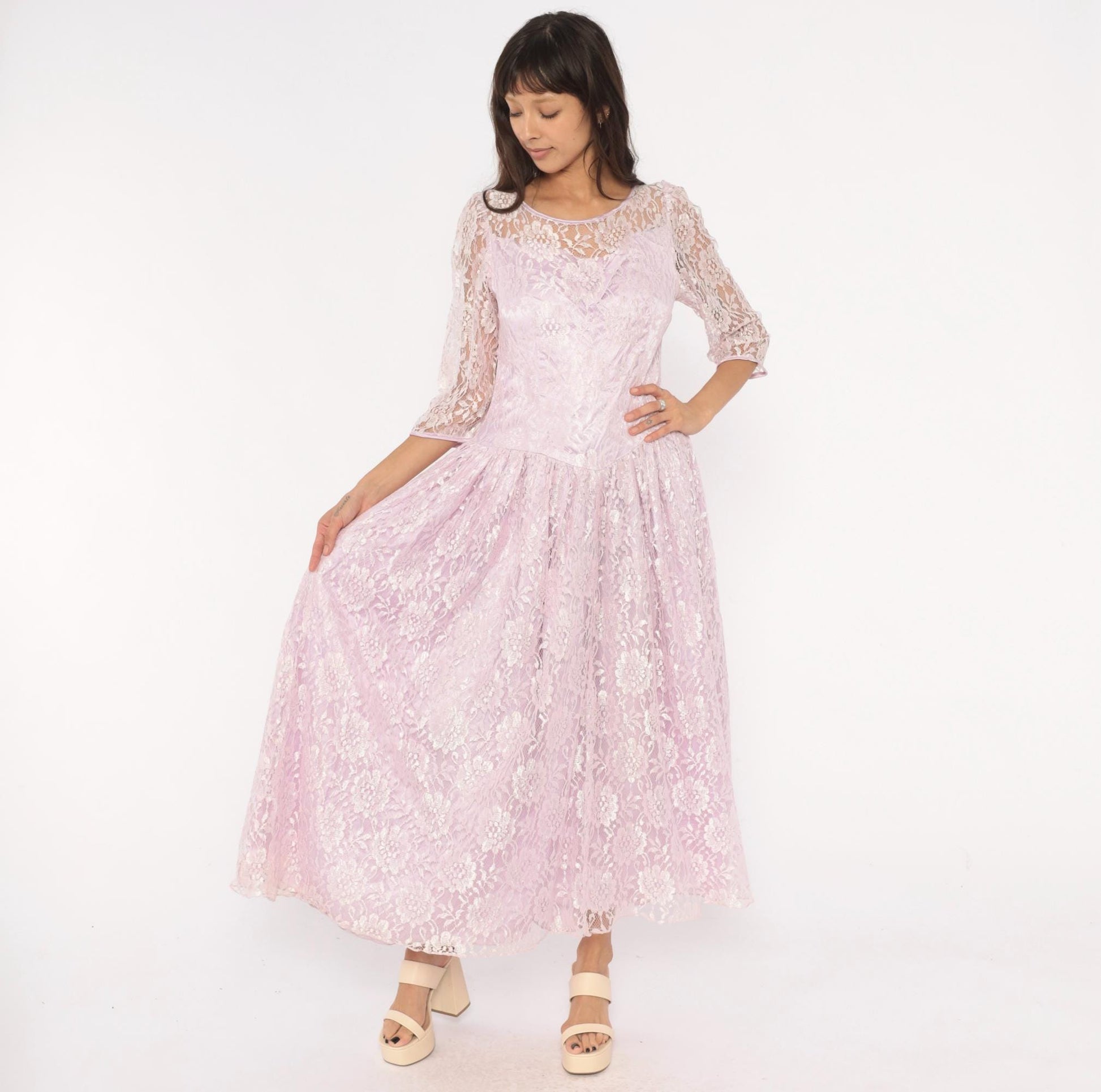 80s Lavender Lace Maxi Dress Floral Sheer Sleeve Drop Waist Large L