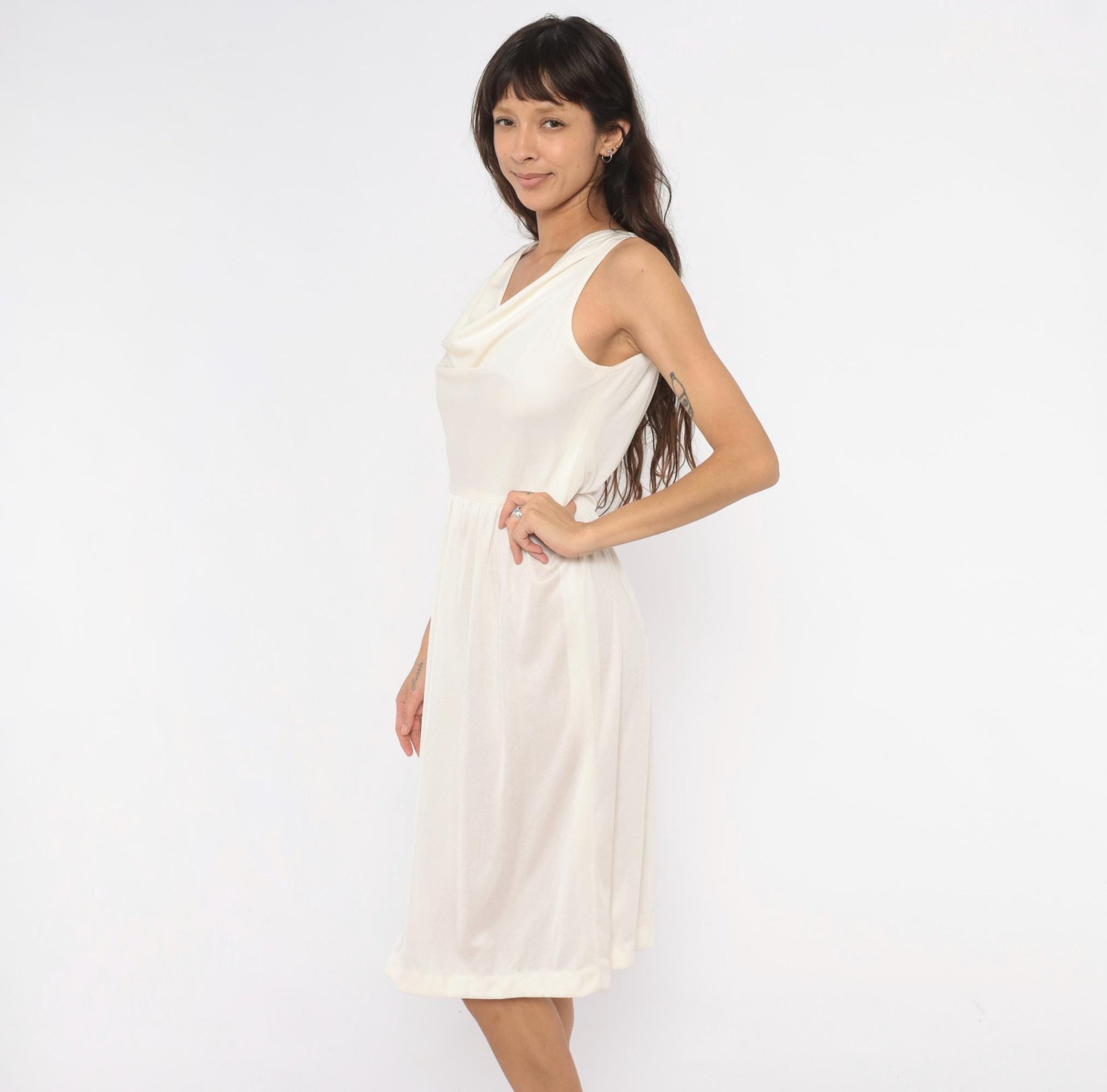 70s Kappi Cowl Neck Sundress Cream Sleeveless Gathered Waist Knee-Length Medium M