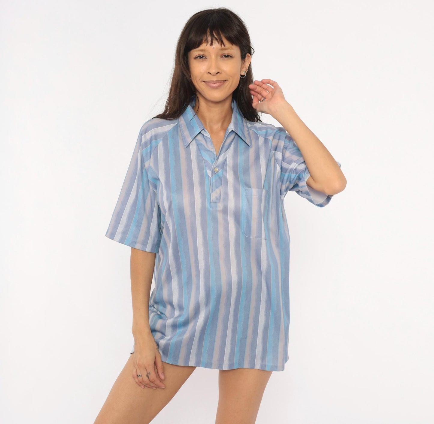 90s Dache Watercolor Stripe Polo Lavender Blue Grey Short Sleeve Large L