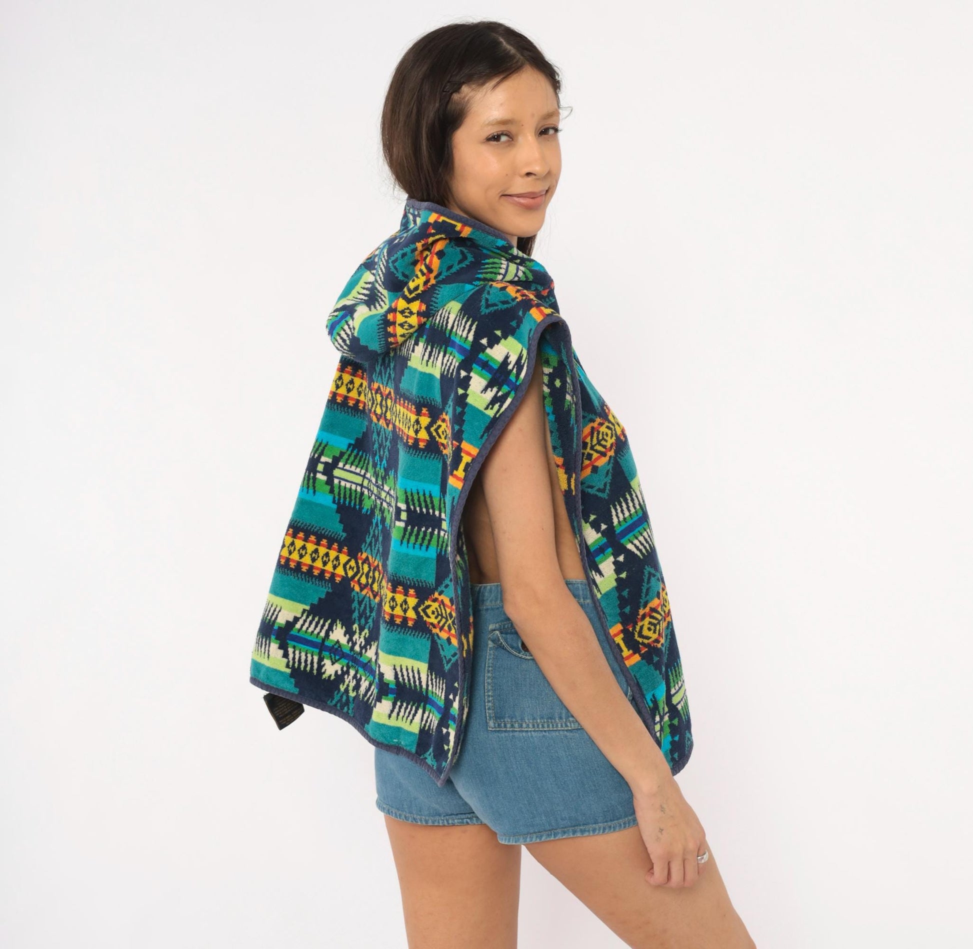 90s Pendleton Hooded Poncho Southwestern Geometric Print Cotton Small Medium