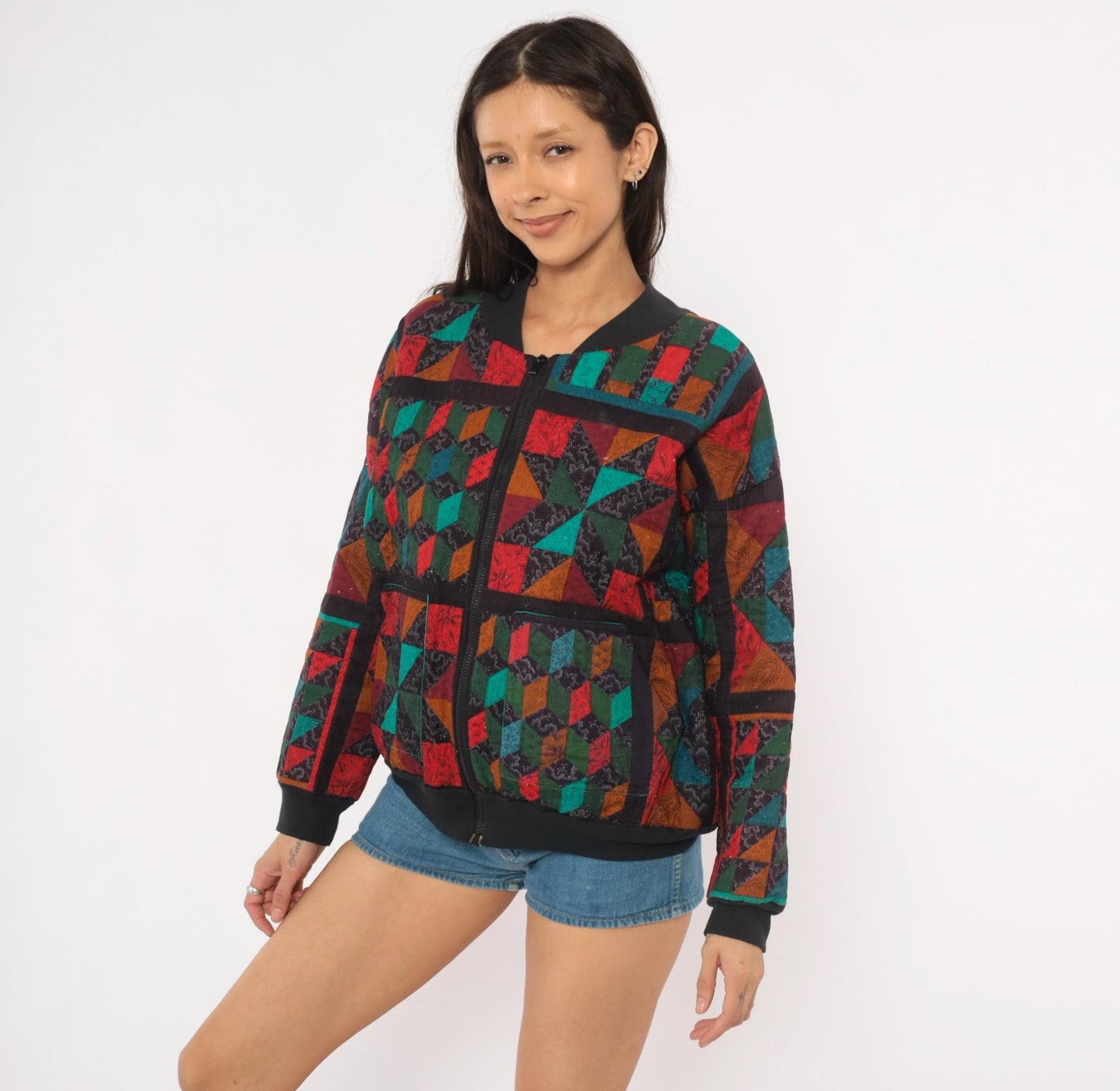 90s Quilted Patchwork Bomber Jacket Geometric Star Block Cotton Multicolor Large L