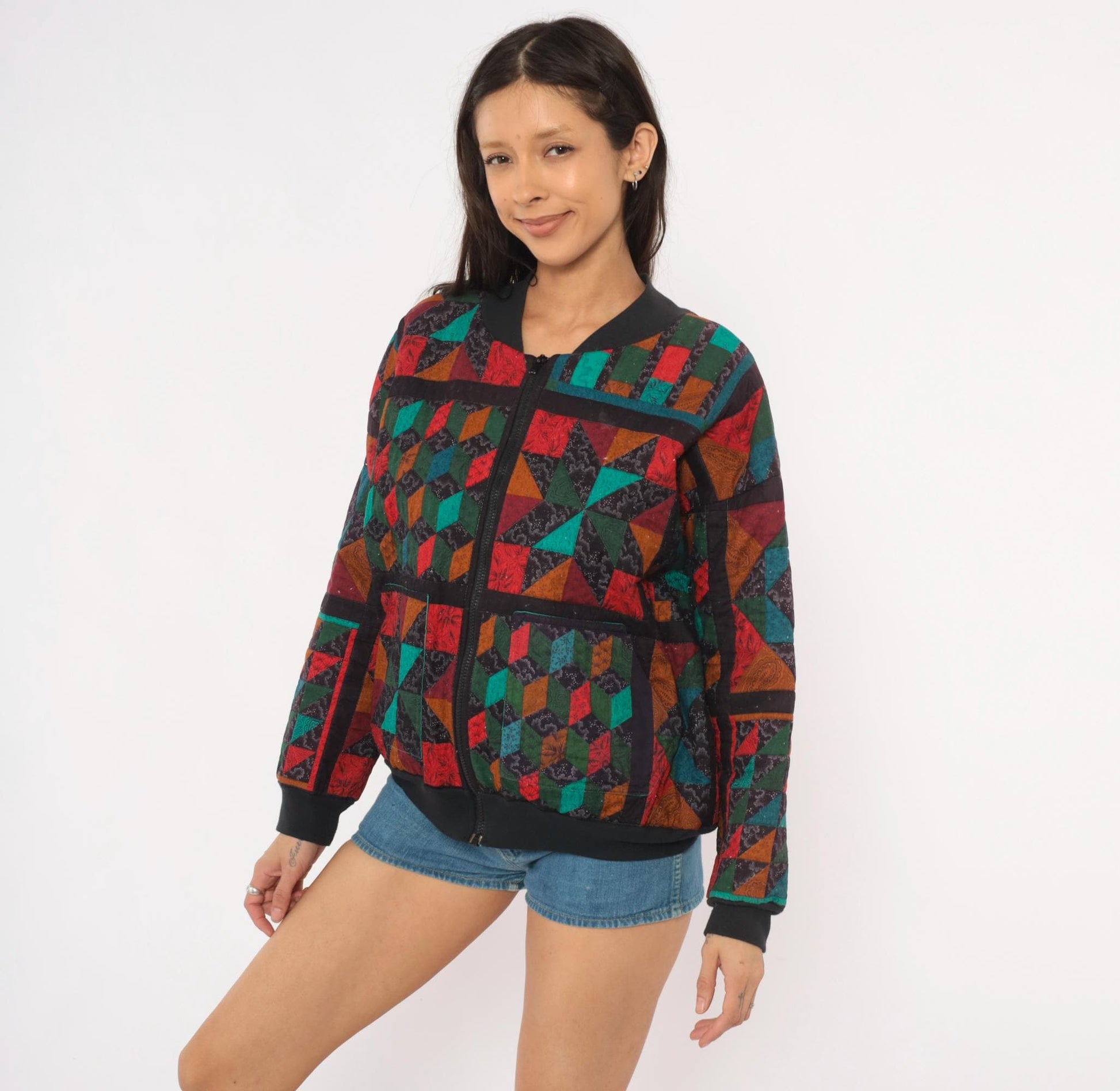 90s Quilted Patchwork Bomber Jacket Geometric Star Block Cotton Multicolor Large L