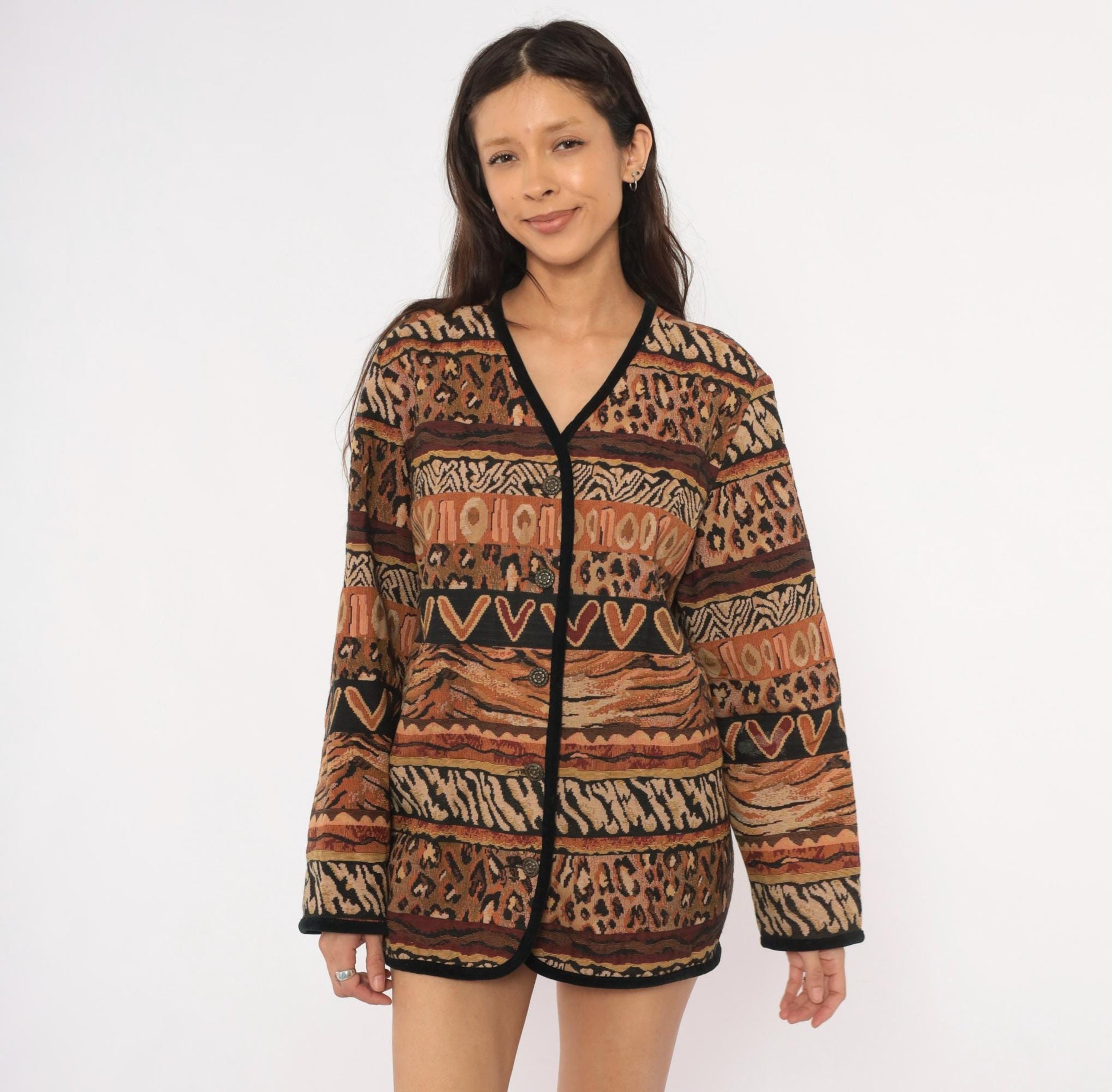 Y2K Stonebridge Tapestry Jacket Animal Print Woven Cotton Tan Brown Extra Large