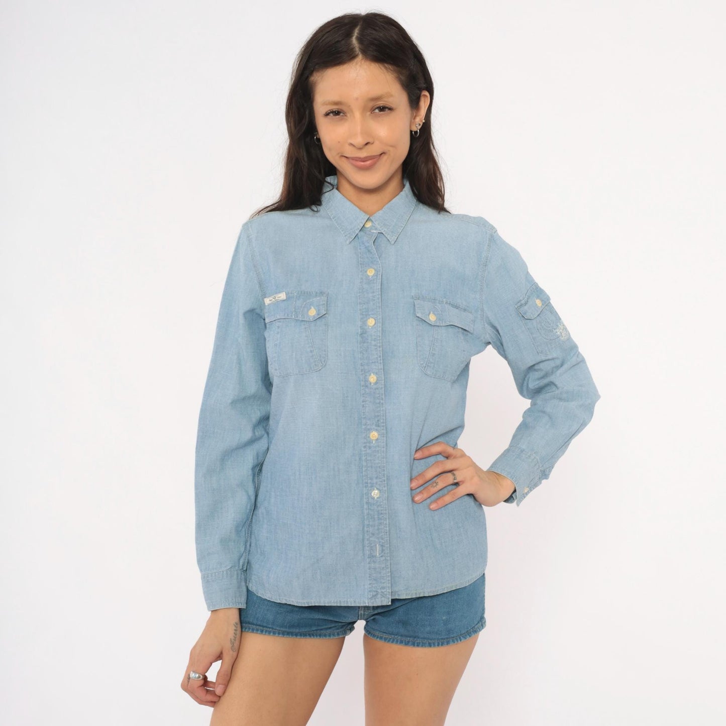 90s Ralph Lauren Jeans Co Chambray Button-Up Shirt Light Blue Cotton Long Sleeve Large L