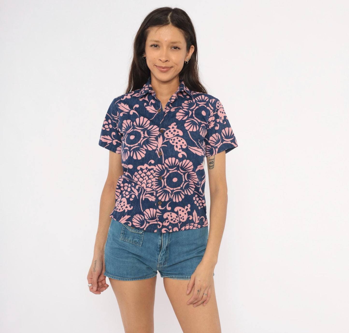 2000s Kahala Hawaiian Floral Shirt Cobalt Blue Pink Cotton XS