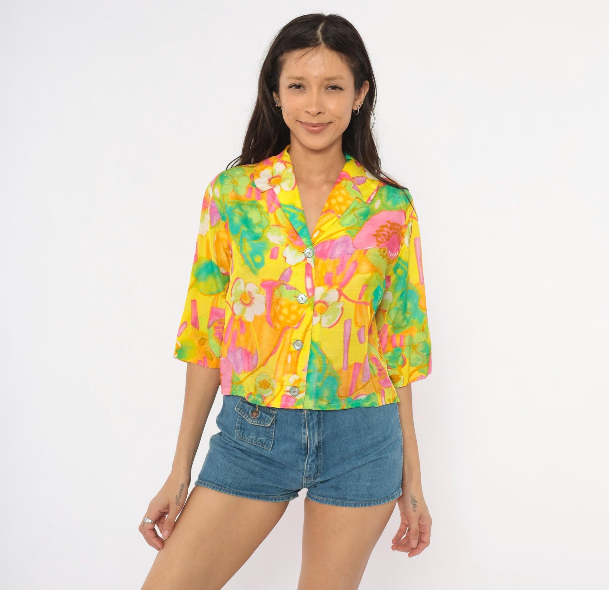 70s Alice Watercolor Floral Button Blouse Yellow Pink Green Small Medium
