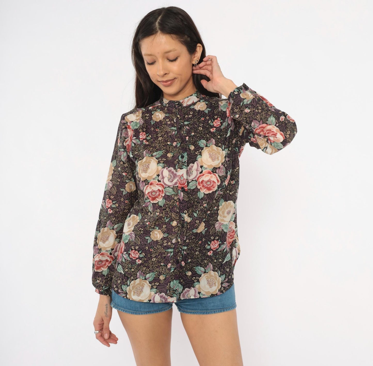 80s Elles Belles Floral Blouse Puff Shoulder Rose Print Plum Medium