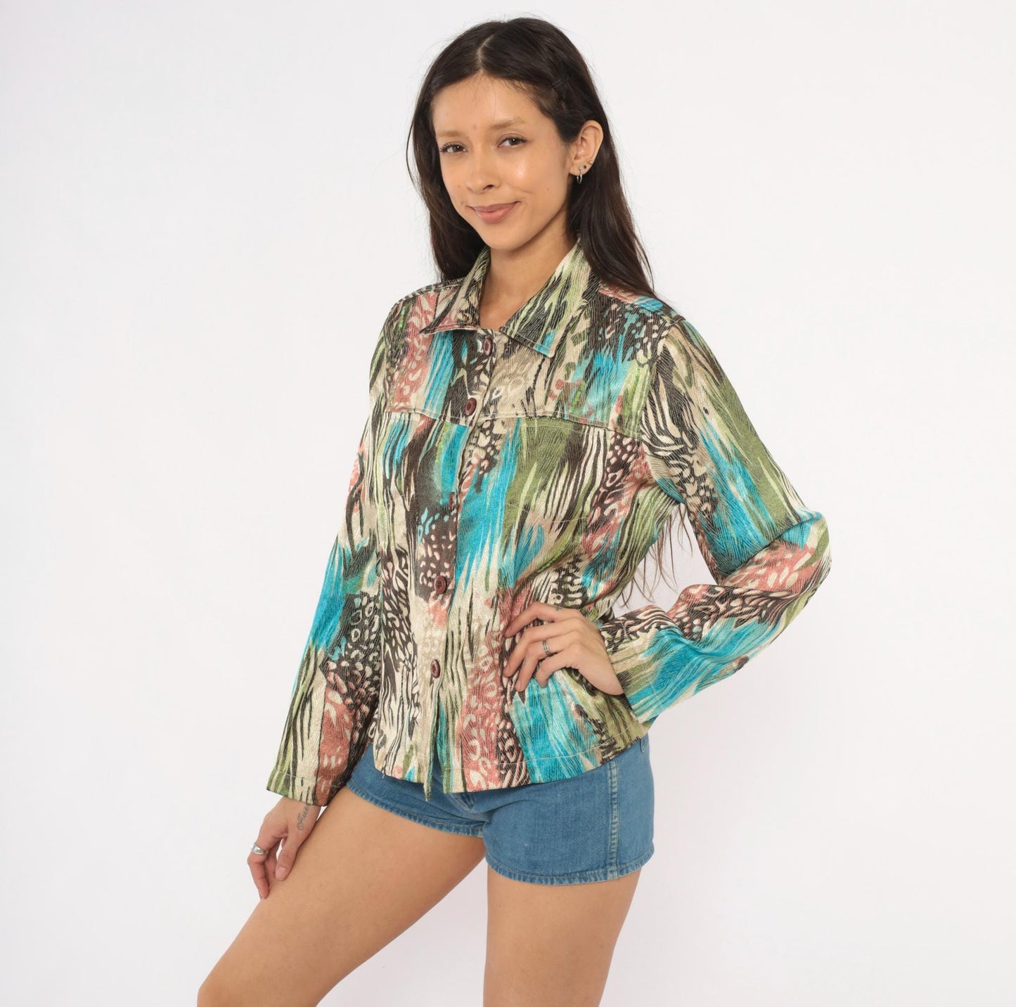 Y2K Sara Studio Animal Print Sequin Blouse Turquoise Olive Medium M