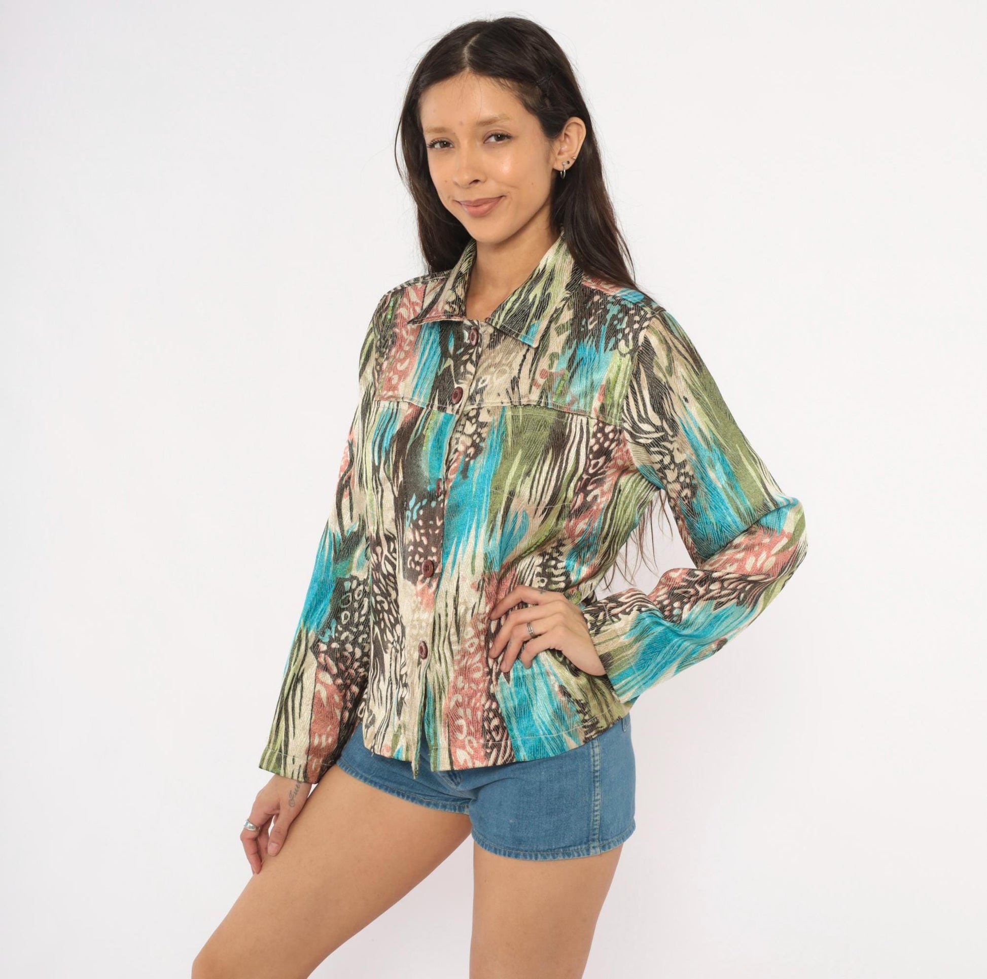 Y2K Sara Studio Animal Print Sequin Blouse Turquoise Olive Medium M
