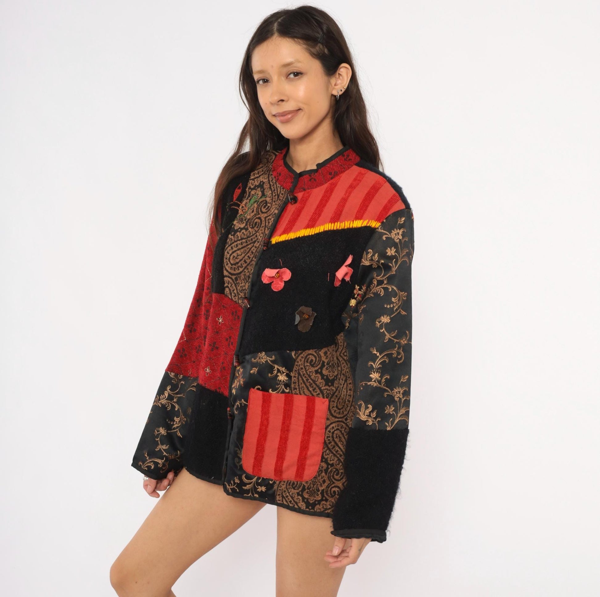 2000s Julia Kin Patchwork Embroidered Jacket Black Red Mandarin Collar Extra Large XL