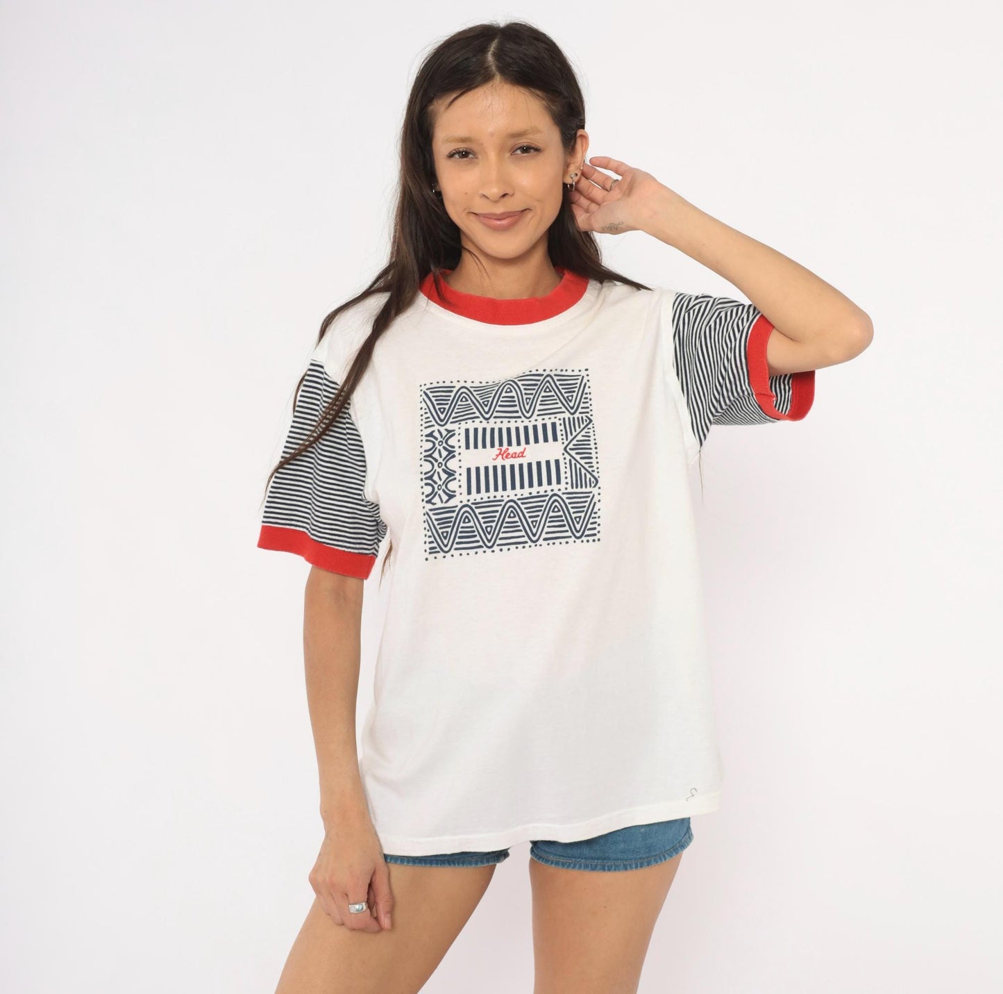 90s Head Sportswear Ringer Tee Geometric Print White Navy Red Striped Large L